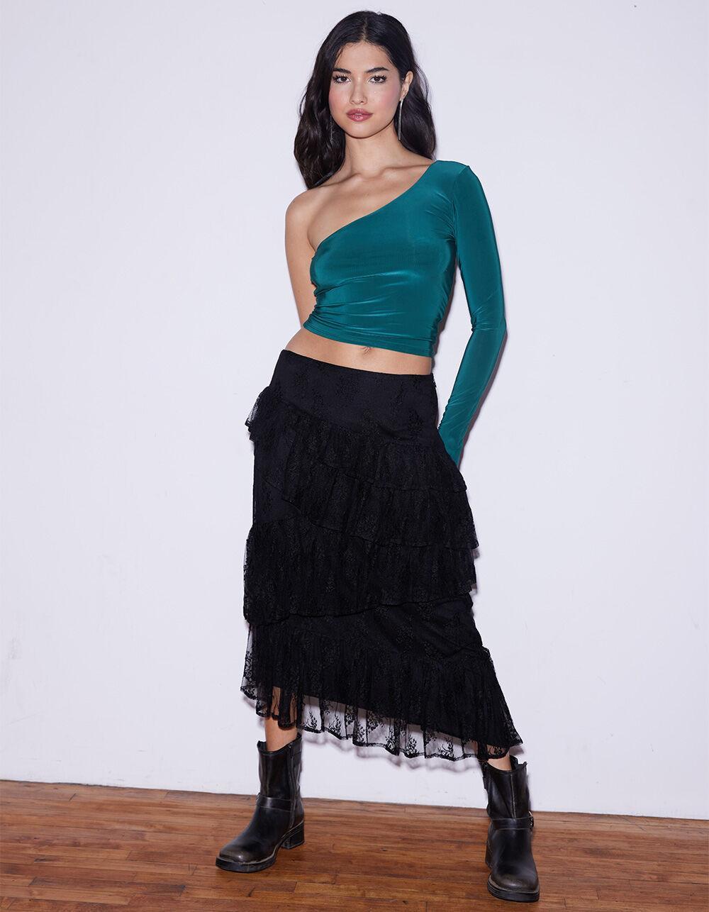 WEST OF MELROSE One Shoulder Womens Long Sleeve Top - GREEN Product Image