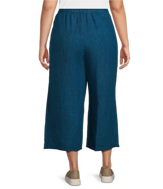 Eileen Fisher Plus Size Washed Organic Linen Elastic Waist Wide Leg Cropped Pants Product Image