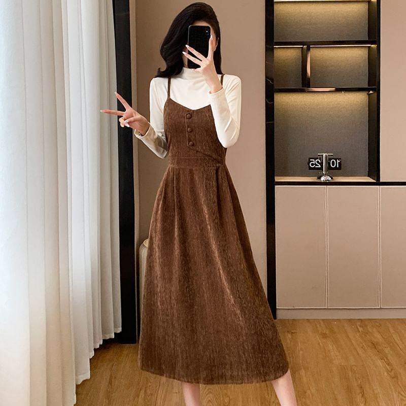 Set: Long-Sleeve Mock Neck Plain T-Shirt + Spaghetti Strap Scoop Neck Plain Midi A-Line Dress Product Image