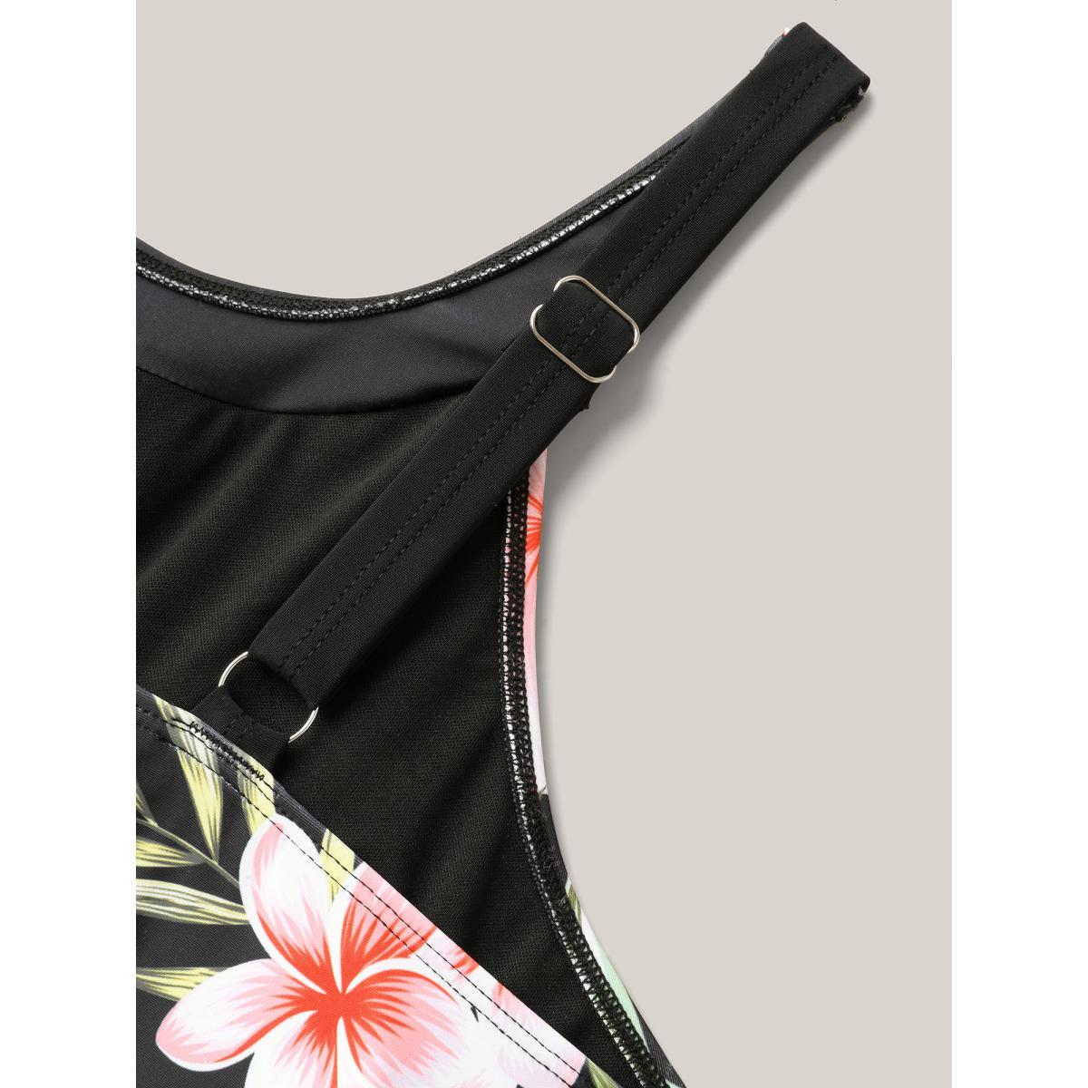 Plus Size Side Floral Pattern Round Neck Swim Top Women's Swimwear Black Beach Gathered High stretch Skinny Halter neck Curve Swim Tops BloomChic 26/4X Product Image