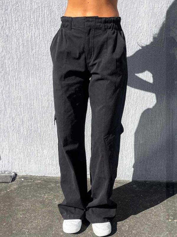 Solid Elastic Waist Multi Pocket Straight Leg Pants Product Image