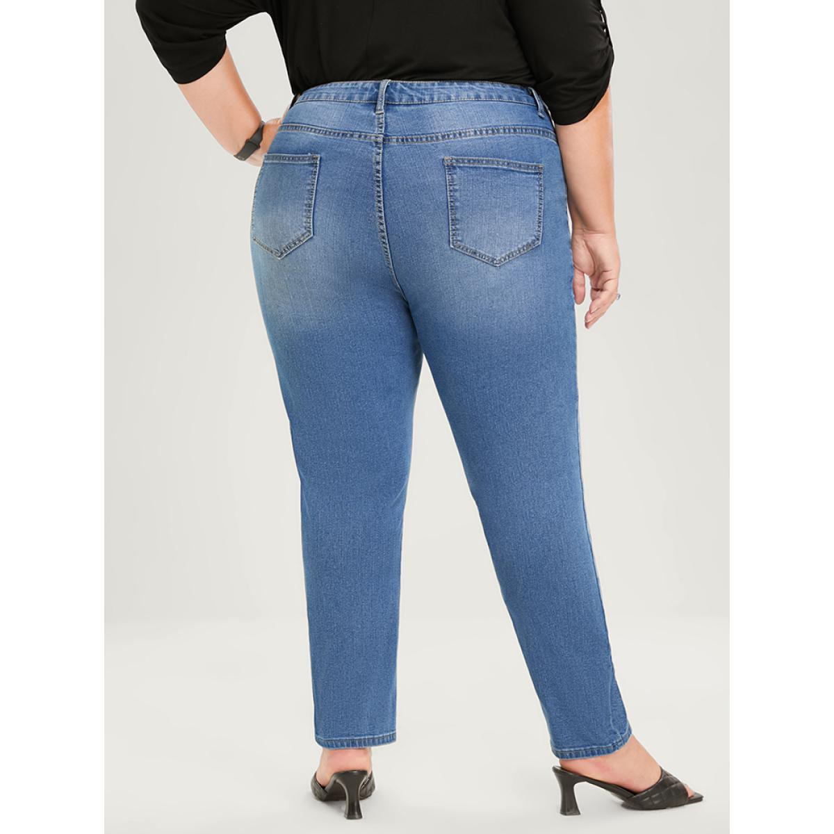 Plus Size Skinny Very Stretchy High Rise Medium Wash Distressed Ankle Jeans Women Blue Casual Plain Plain High stretch Pocket Jeans BloomChic 22/3X Product Image