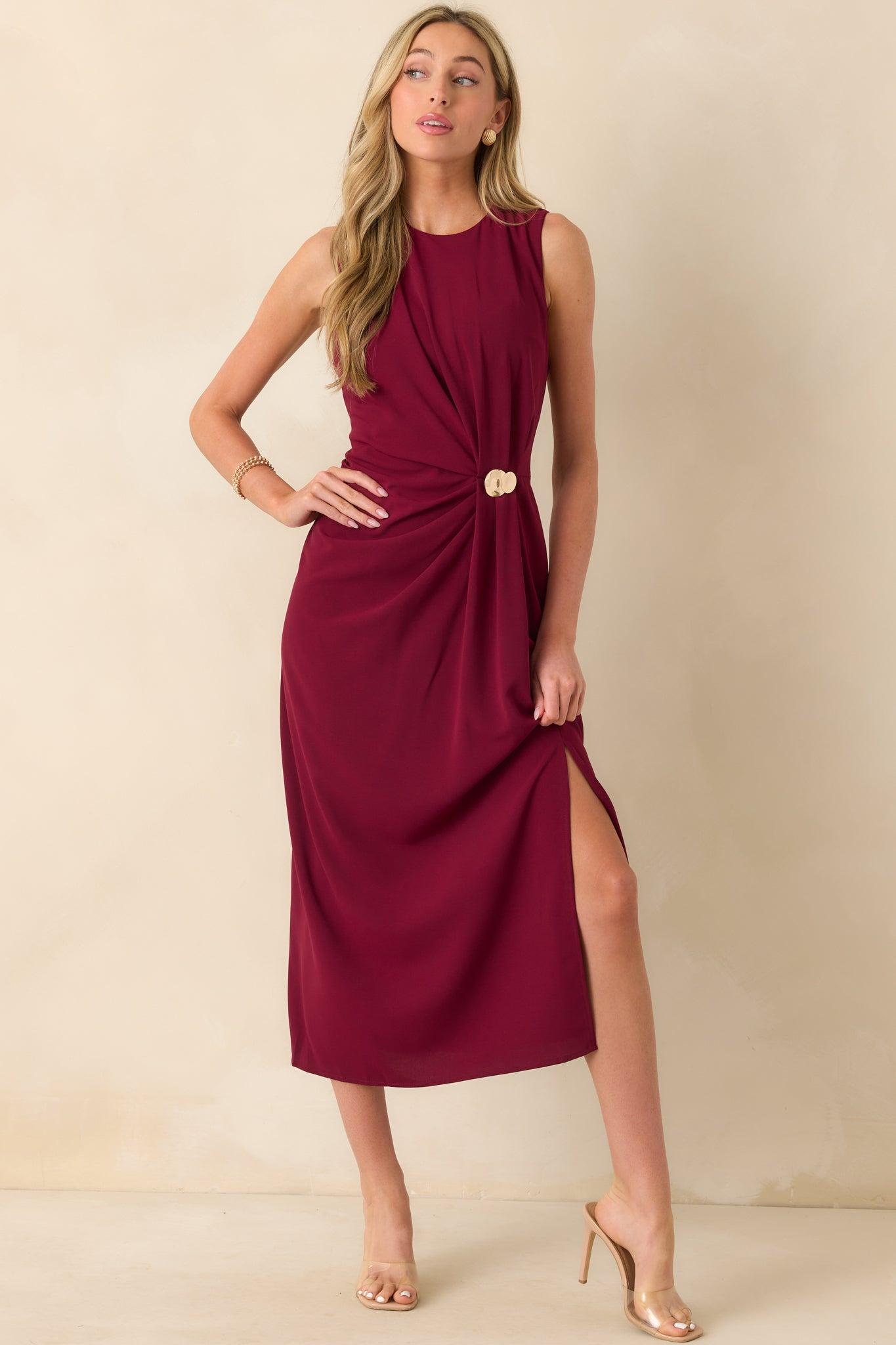 Move With Purpose Burgundy Ruched Maxi Dress Product Image