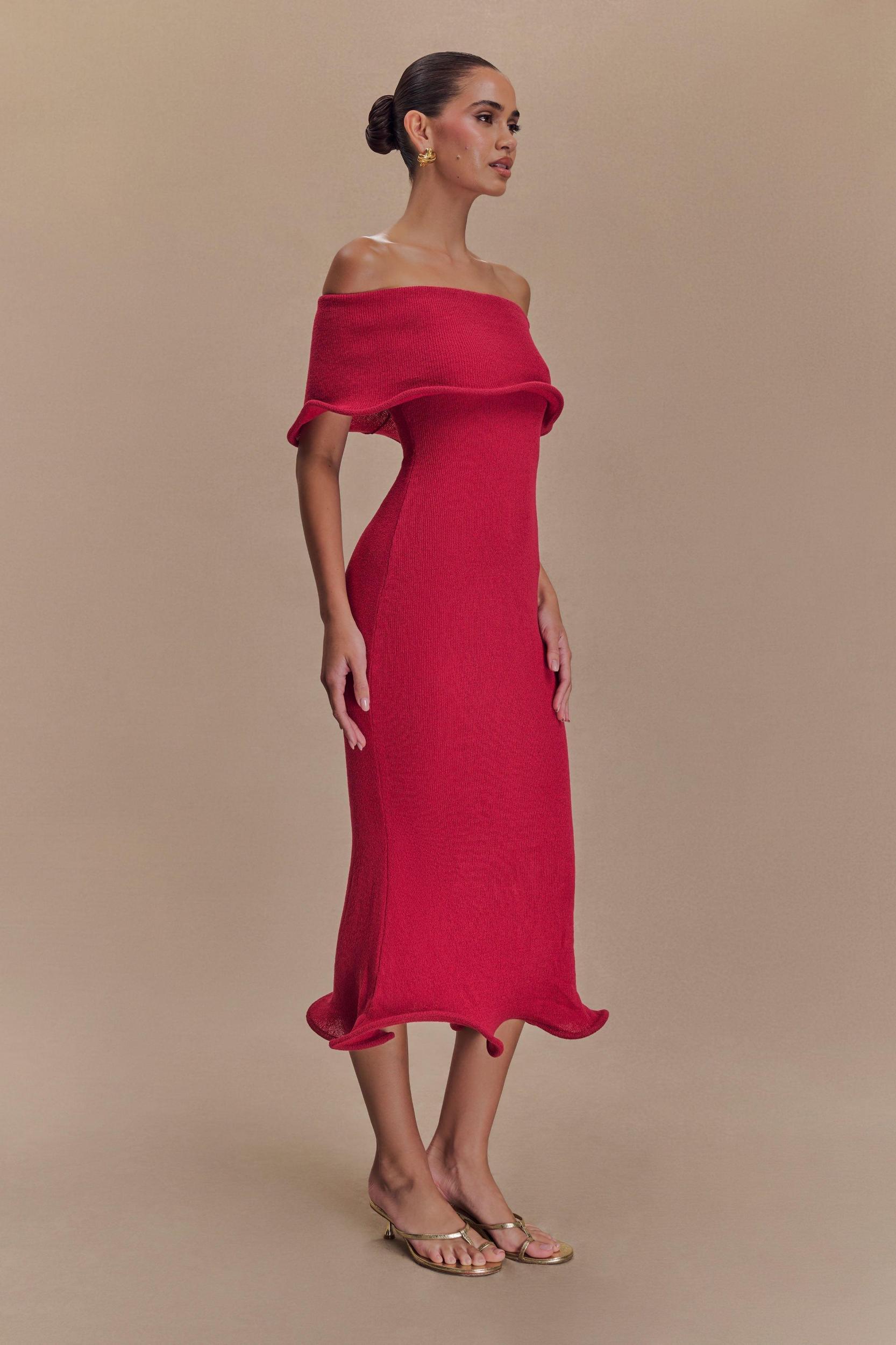 Molly Off Shoulder Knit Midi Dress - Raspberry Product Image