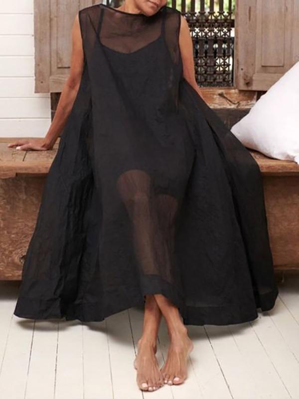 A-Line Loose Pockets See-Through Solid Color Round-Neck Cover-Up Midi Dresses Product Image