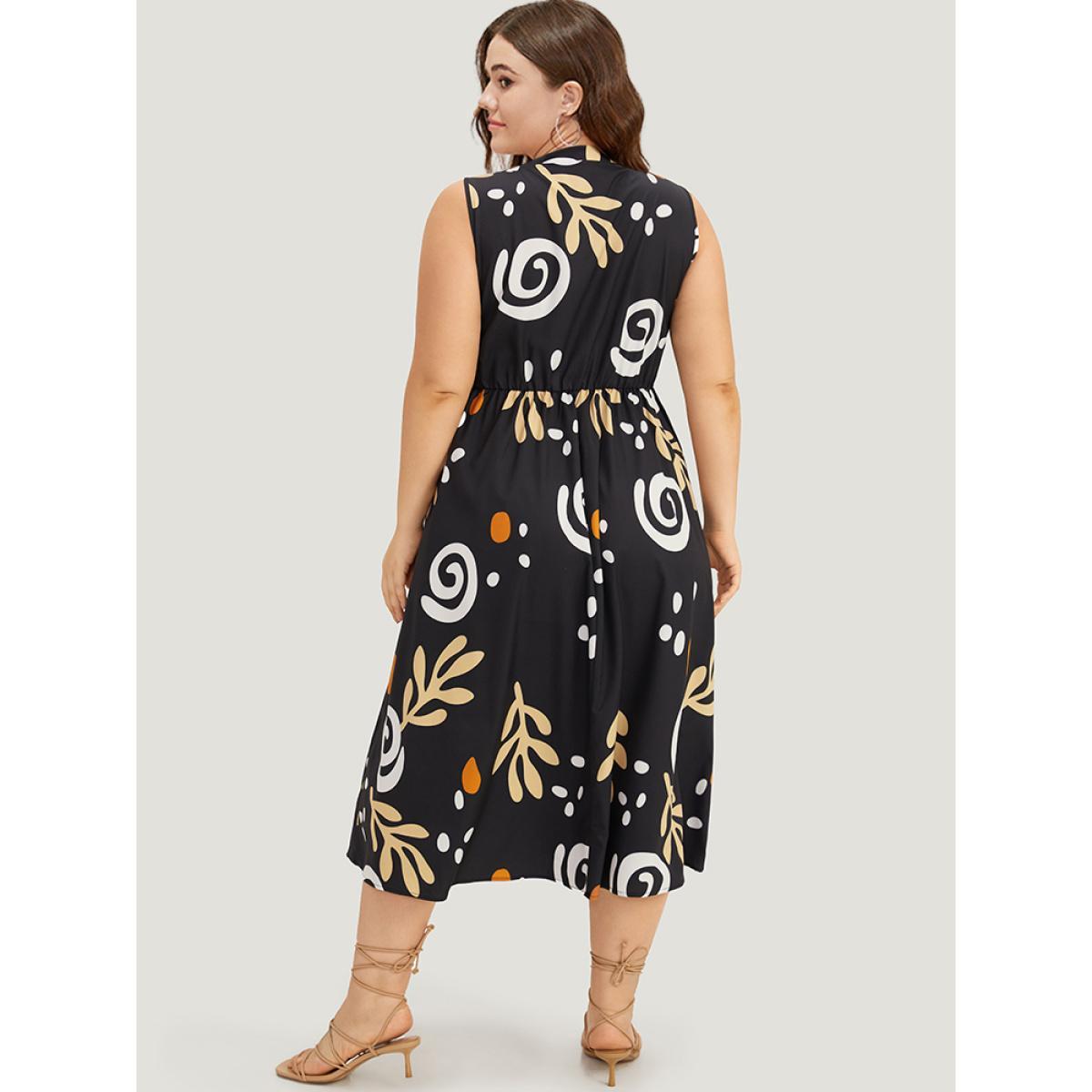 Plus Size Graphic Print Notched Pocket Tank Dress Black Women Vacation Printed Notched collar Sleeveless Curvy Midi Dress BloomChic 18-20/2X Product Image