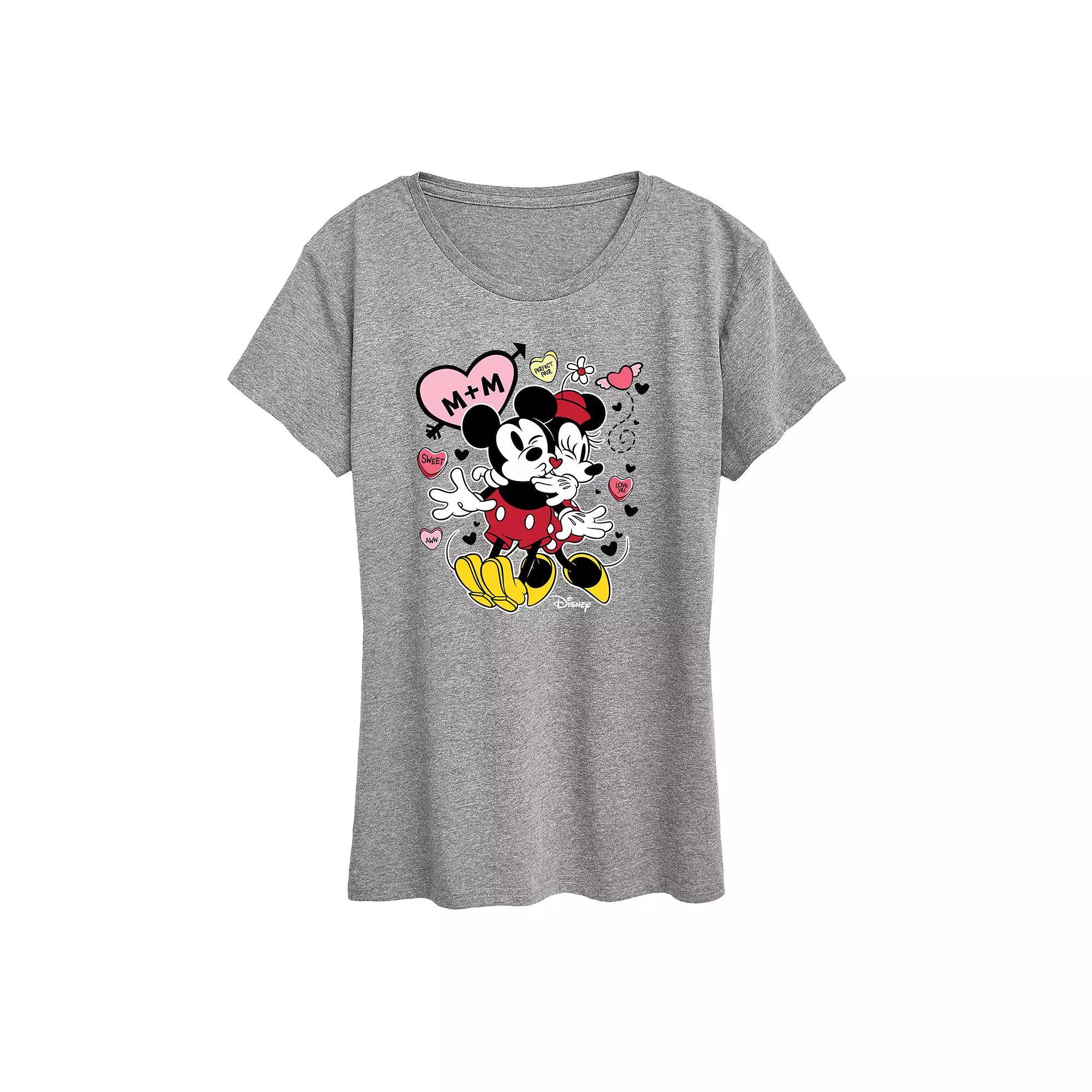 Disneys Mickey & Minnie Mouse Womens Heart Graphic Tee Grey Gray Product Image