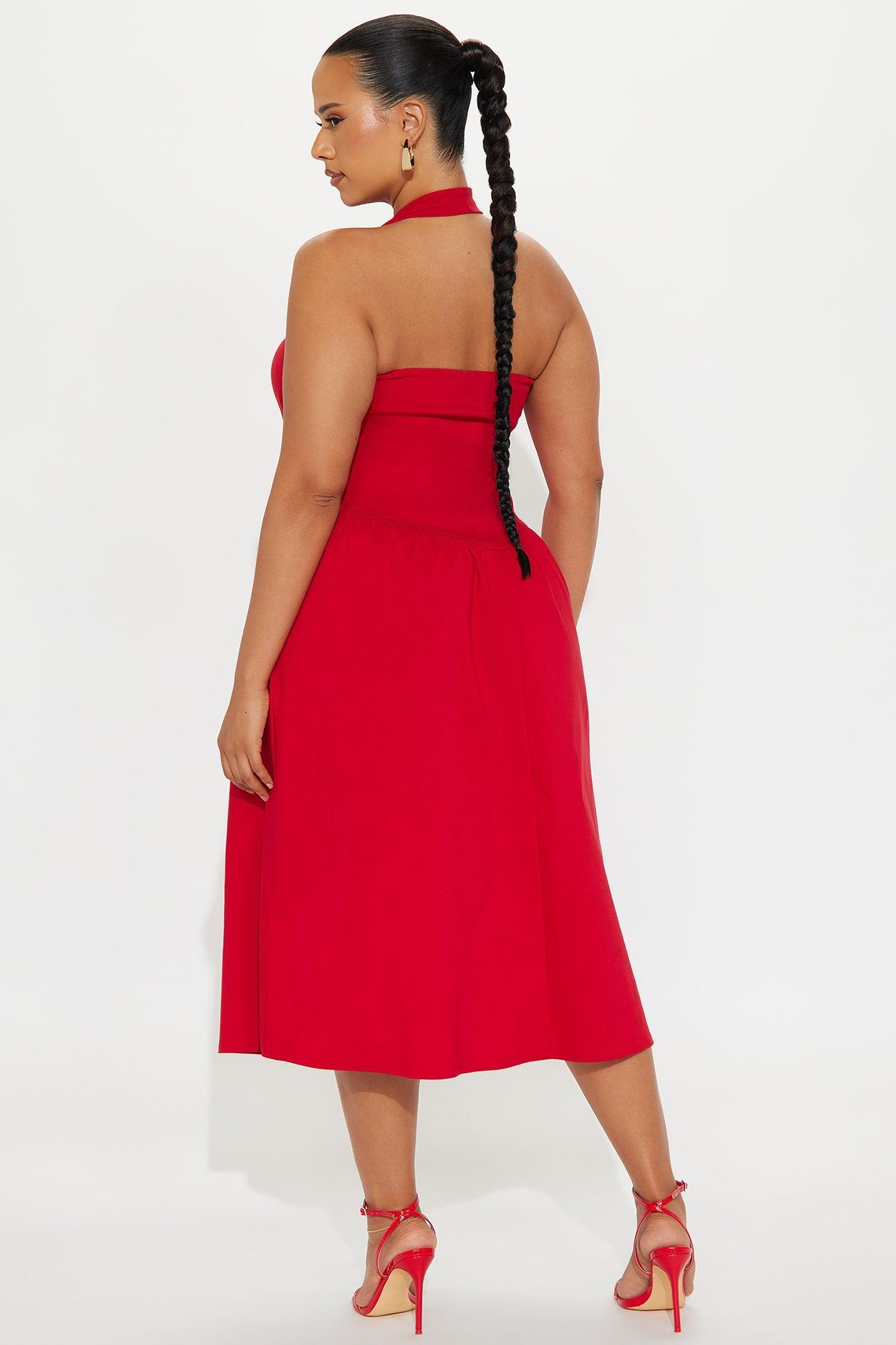Phoebe Halter Midi Dress - Red Product Image