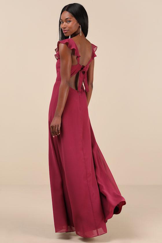 Sweetest Entrance Dark Magenta Ruffled Tie-Back Maxi Dress Product Image