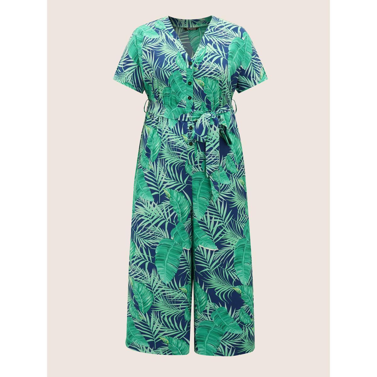 Plus Size Indigo Tropical Print Button Up Belted Jumpsuit Women Resort Short sleeve V-neck Vacation Loose Jumpsuits BloomChic 18-20/2X Product Image