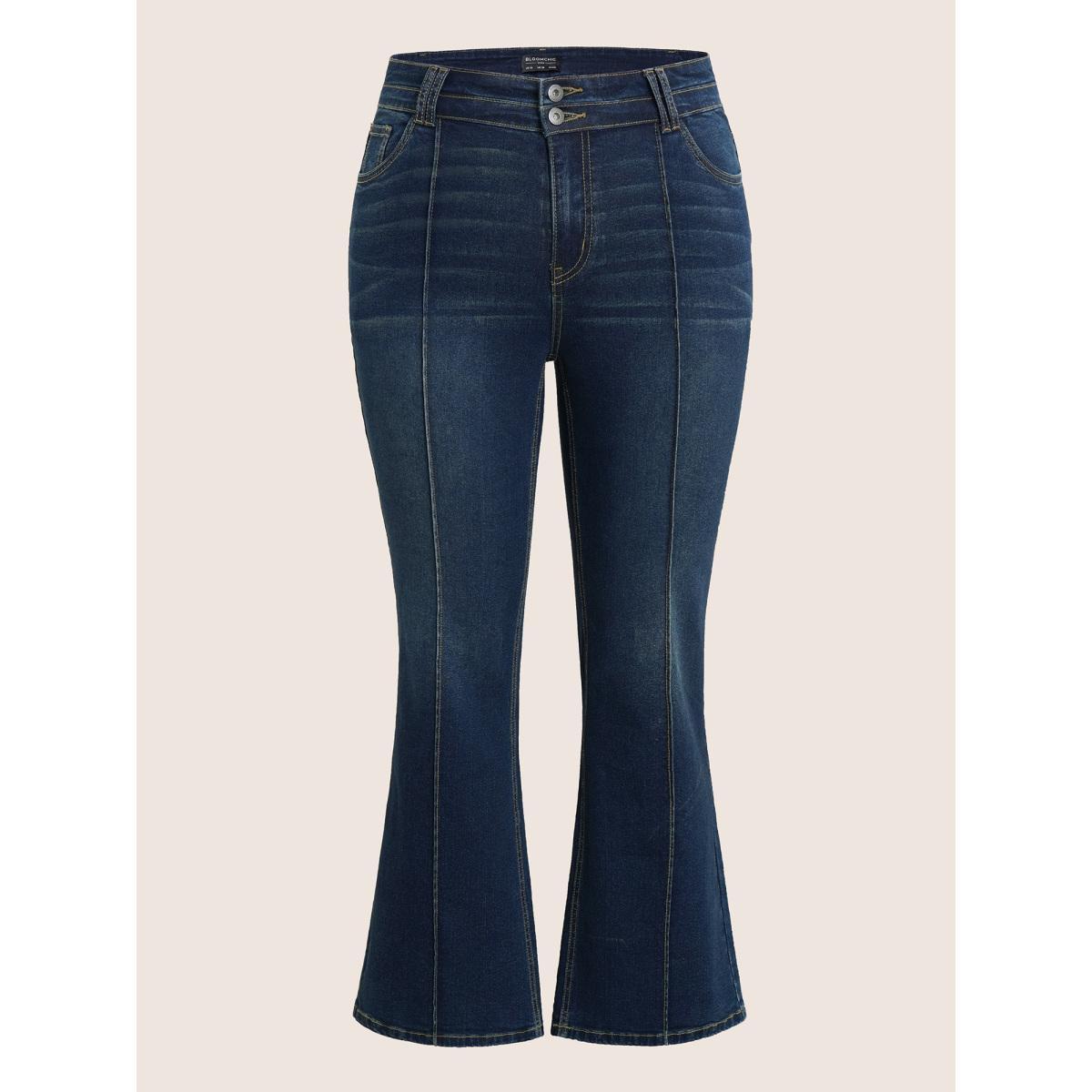 Plus Size Bootcut Seam Detail Button Up Full Length Jeans Women Indigo Casual Plain Non High stretch Slanted pocket Jeans BloomChic 18/2X Product Image