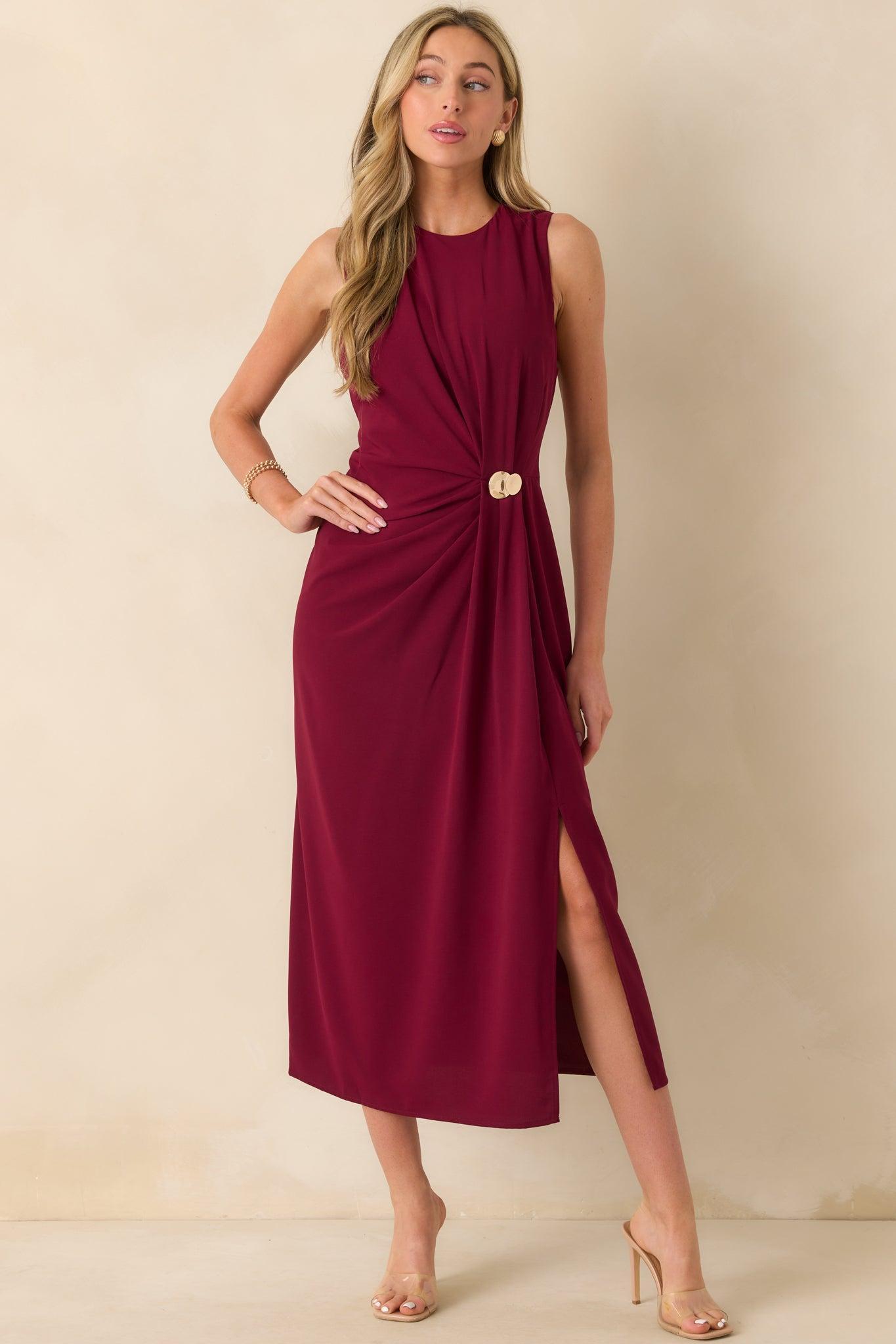 Move With Purpose Burgundy Ruched Maxi Dress Product Image