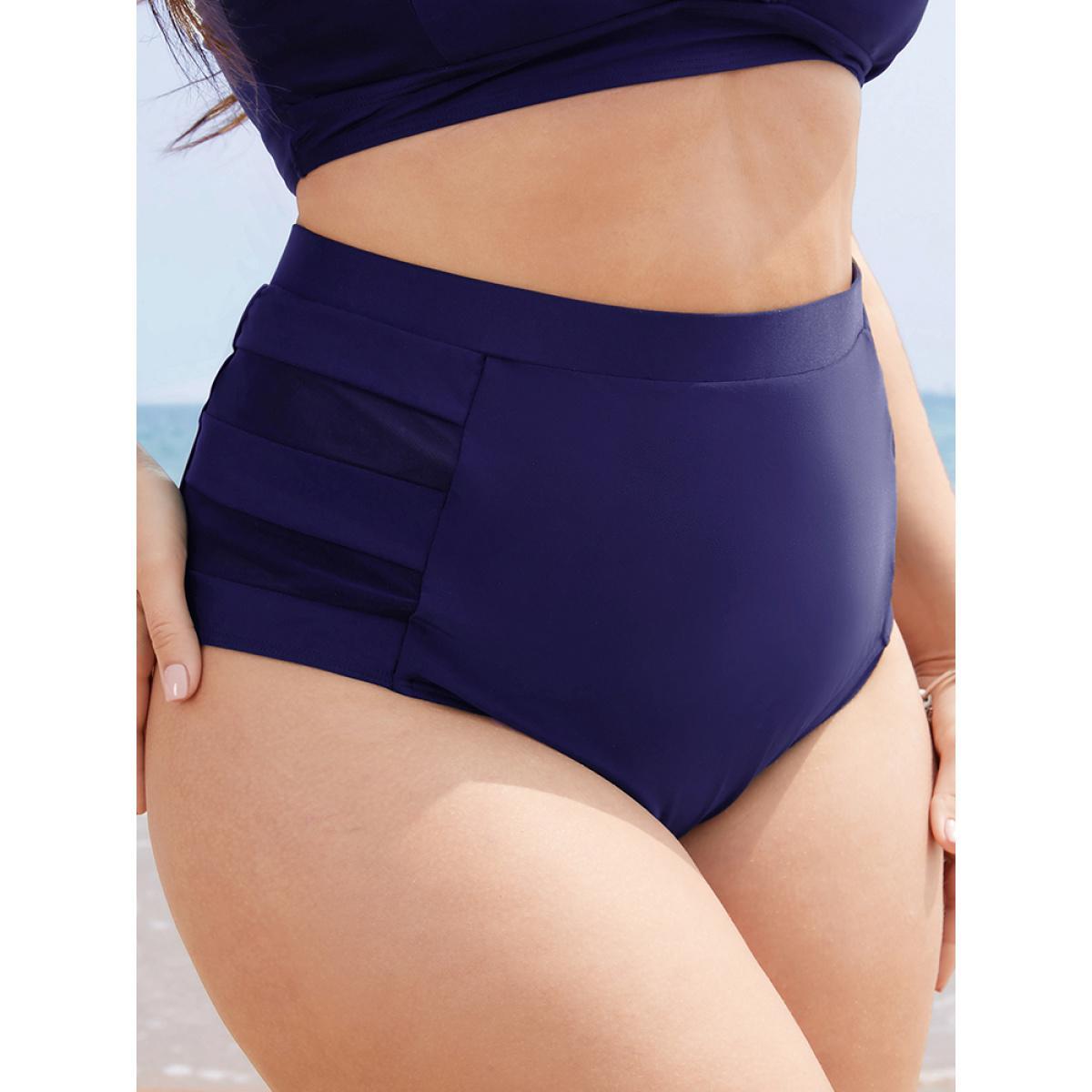 Plus Size Plain Mesh Insert Swim Bottom Women's Swimwear Indigo Vacation Plain High stretch Skinny High Rise Curve Swim Bottoms BloomChic 22-24/3X Product Image