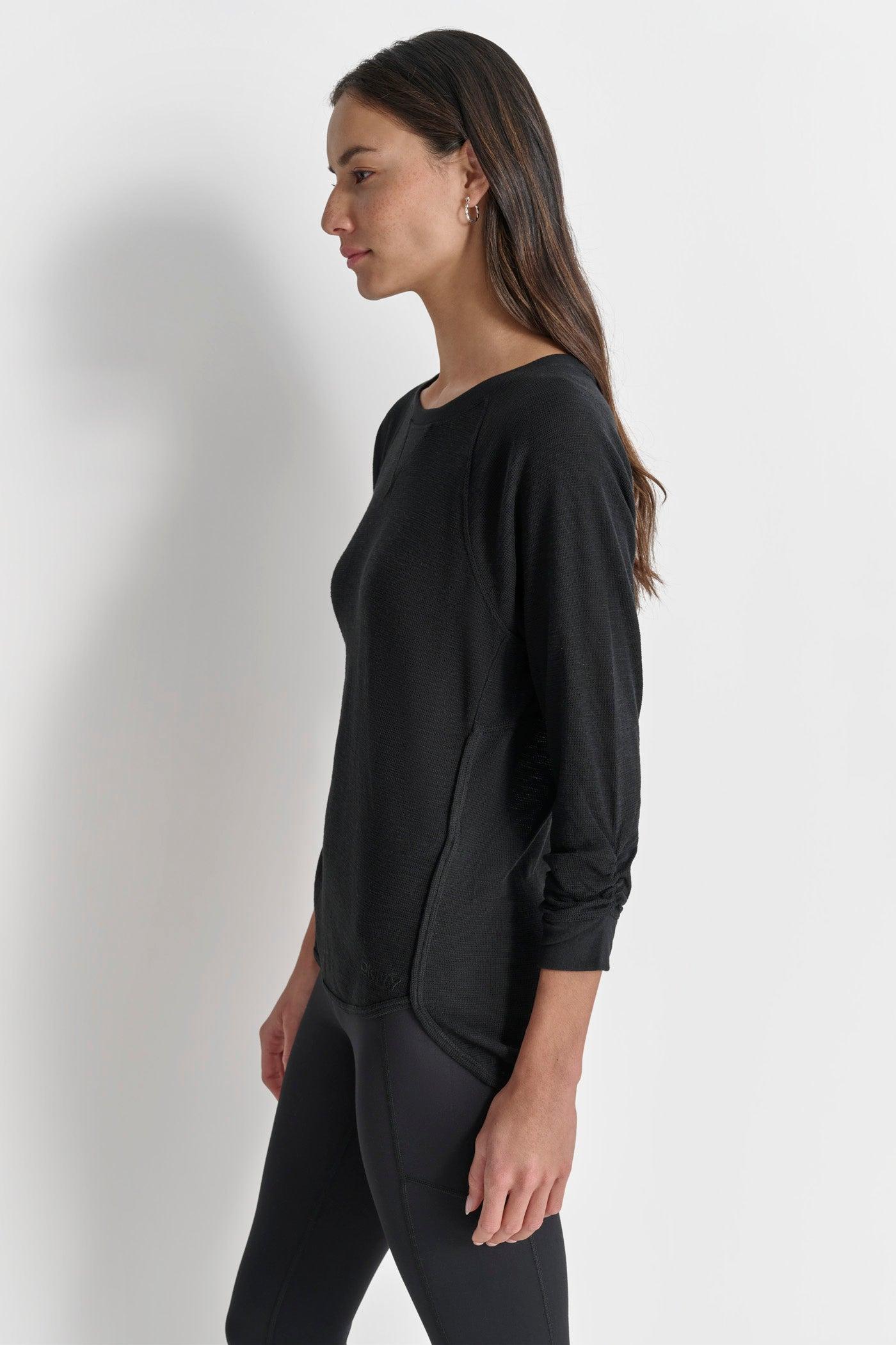 RUCHED 3/4-SLEEVE SLUB WAFFLE-KNIT TEE Product Image