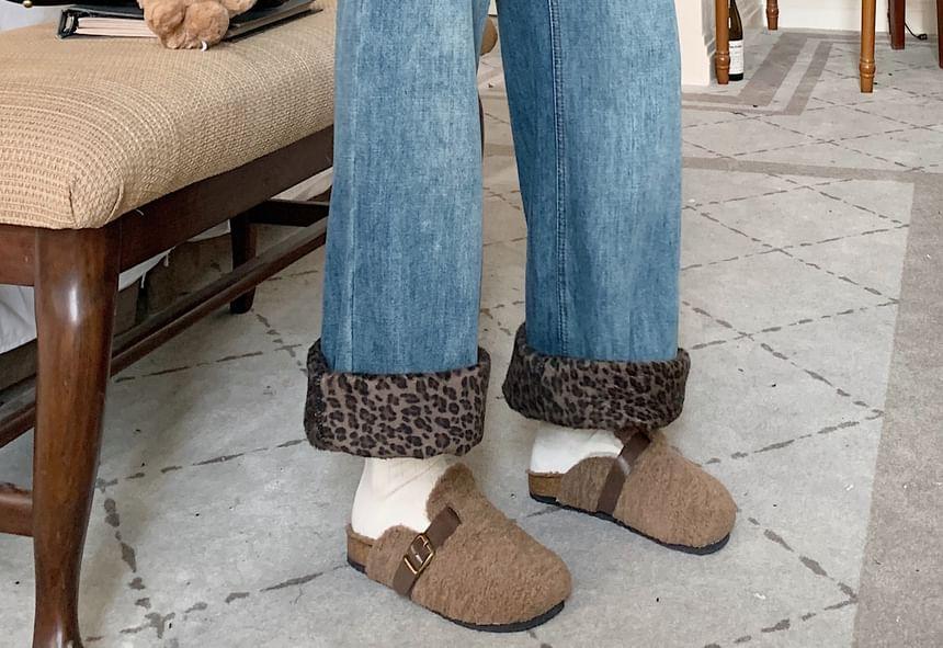 Fleece-Lined Leopard-Print Trim Flared Jeans Product Image