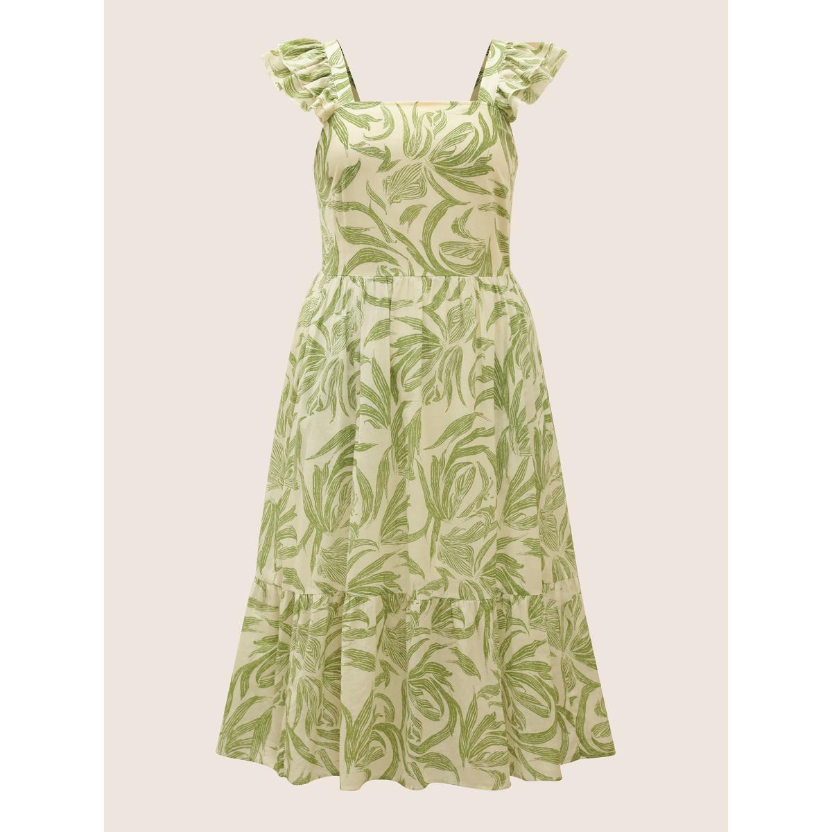 Plus Size Cotton Square Neck Floral Print Tiered Ruffles Dress LightGreen Women Casual Ruffles Square Neck Cap Sleeve Curvy BloomChic 18-20/2X Product Image