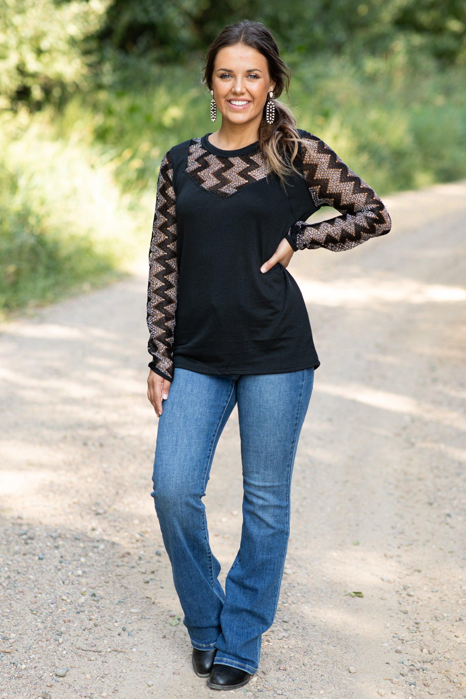 Black and Off White Top With Chevron Sleeves Product Image