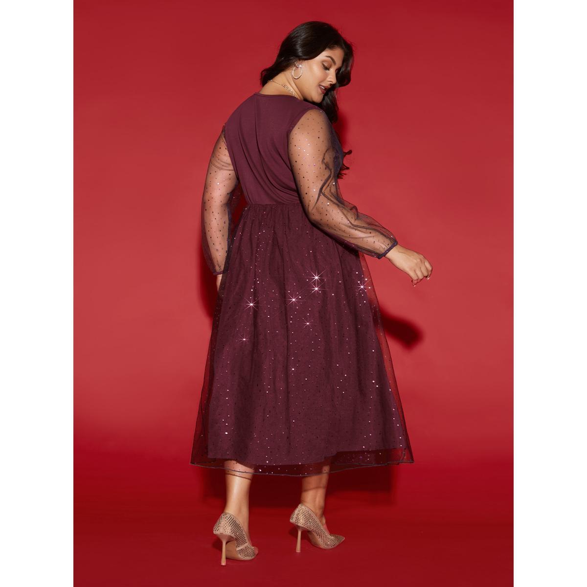 Plus Size Sheer Mesh Shimmering Sequins Maxi Dress Burgundy Women Cocktail Texture Party Curvy Bloomchic 18-20/2X Product Image