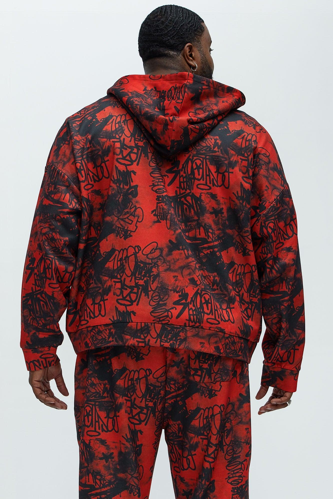 Vandal Oversized Graffiti Zip Up Hoodie - Red Product Image