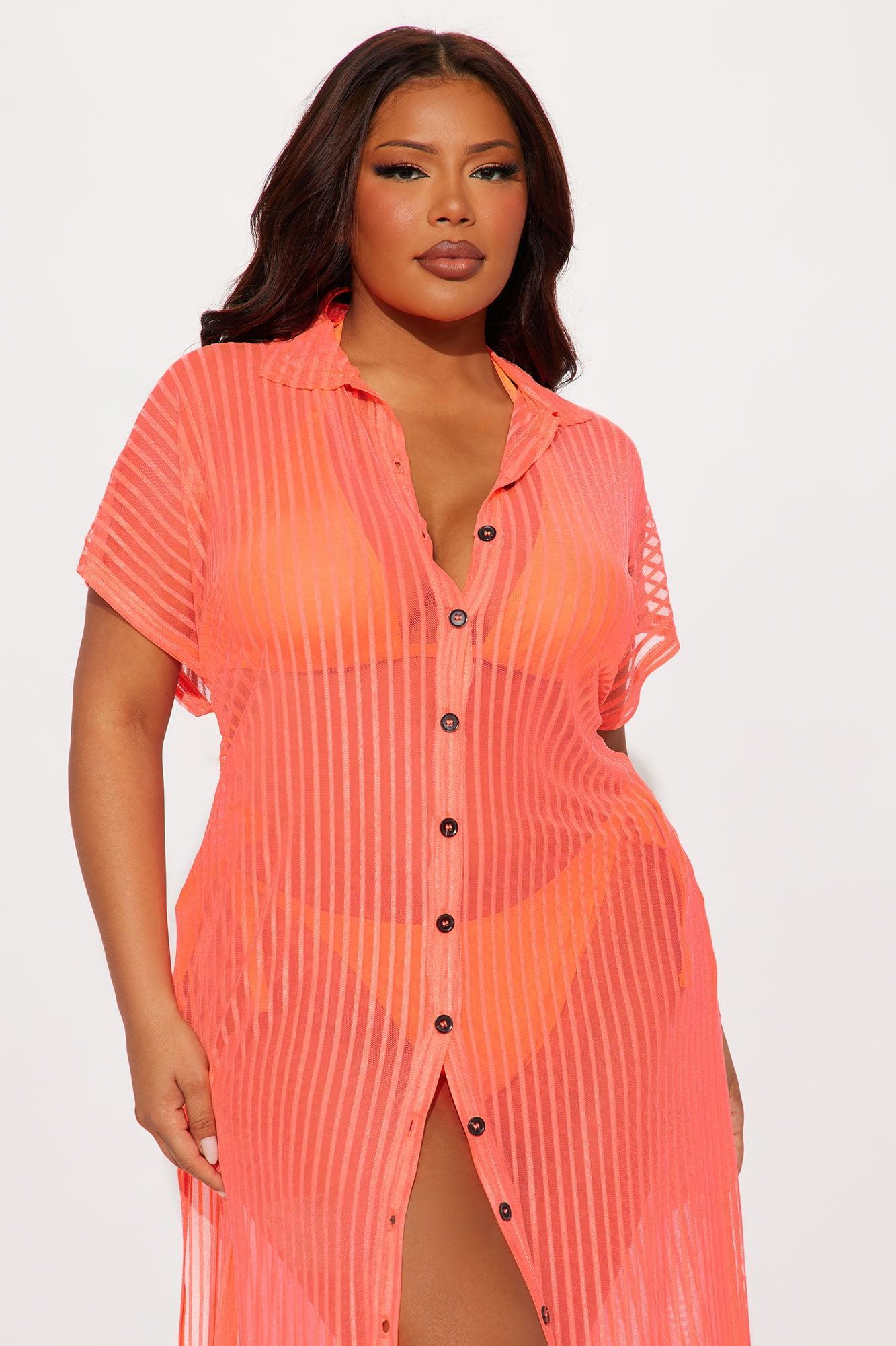 Palm Shade Stripe Midi Button Up Cover Up - Orange Product Image