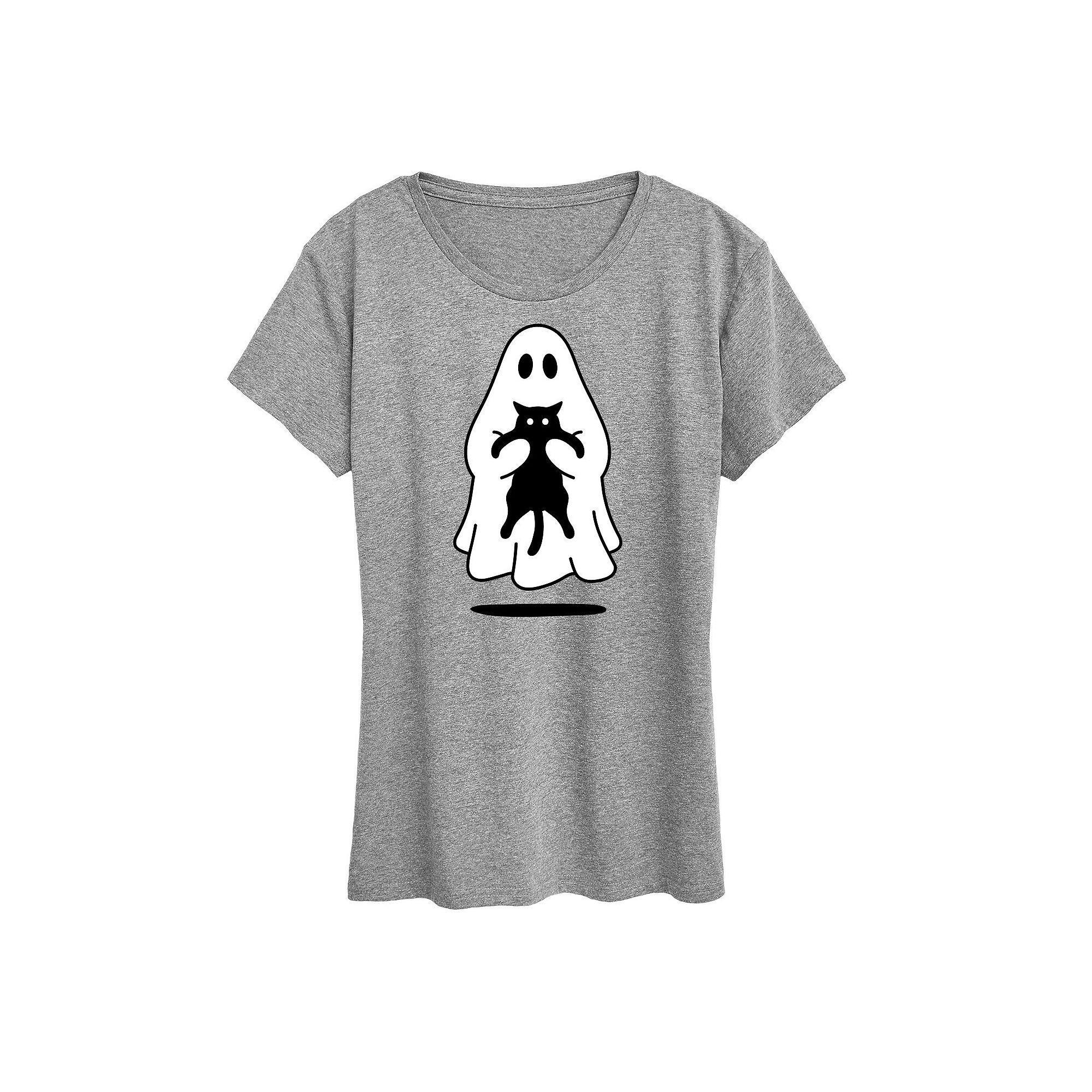 Plus Size Ghost Holding Black Cat Graphic Tee, Womens Grey Gray Product Image