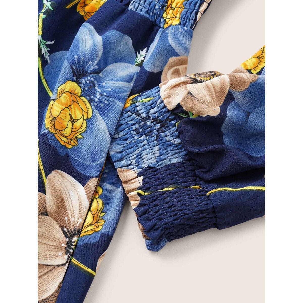 Plus Size Floral Print Square Neck Shirred Cuffs Dress DarkBlue Women Elegant Non Square Neck Elbow-length sleeve Curvy Midi Dress BloomChic 30/6X Product Image