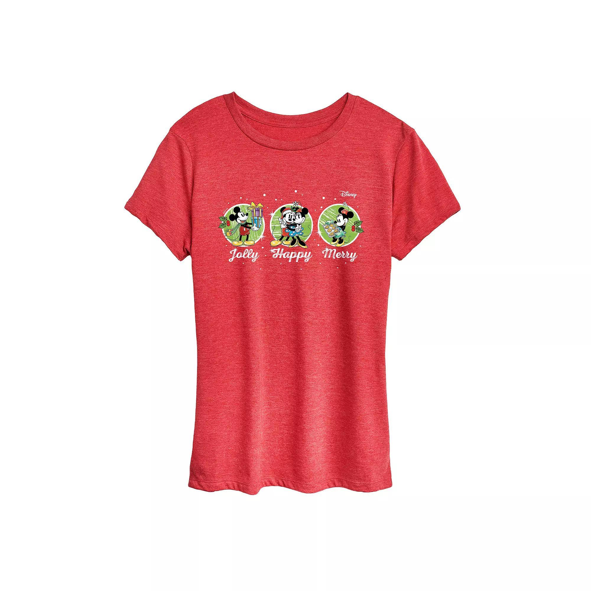Disneys Mickey & Minnie Mouse Womens Jolly Happy Merry Graphic Tee Grey Red Product Image