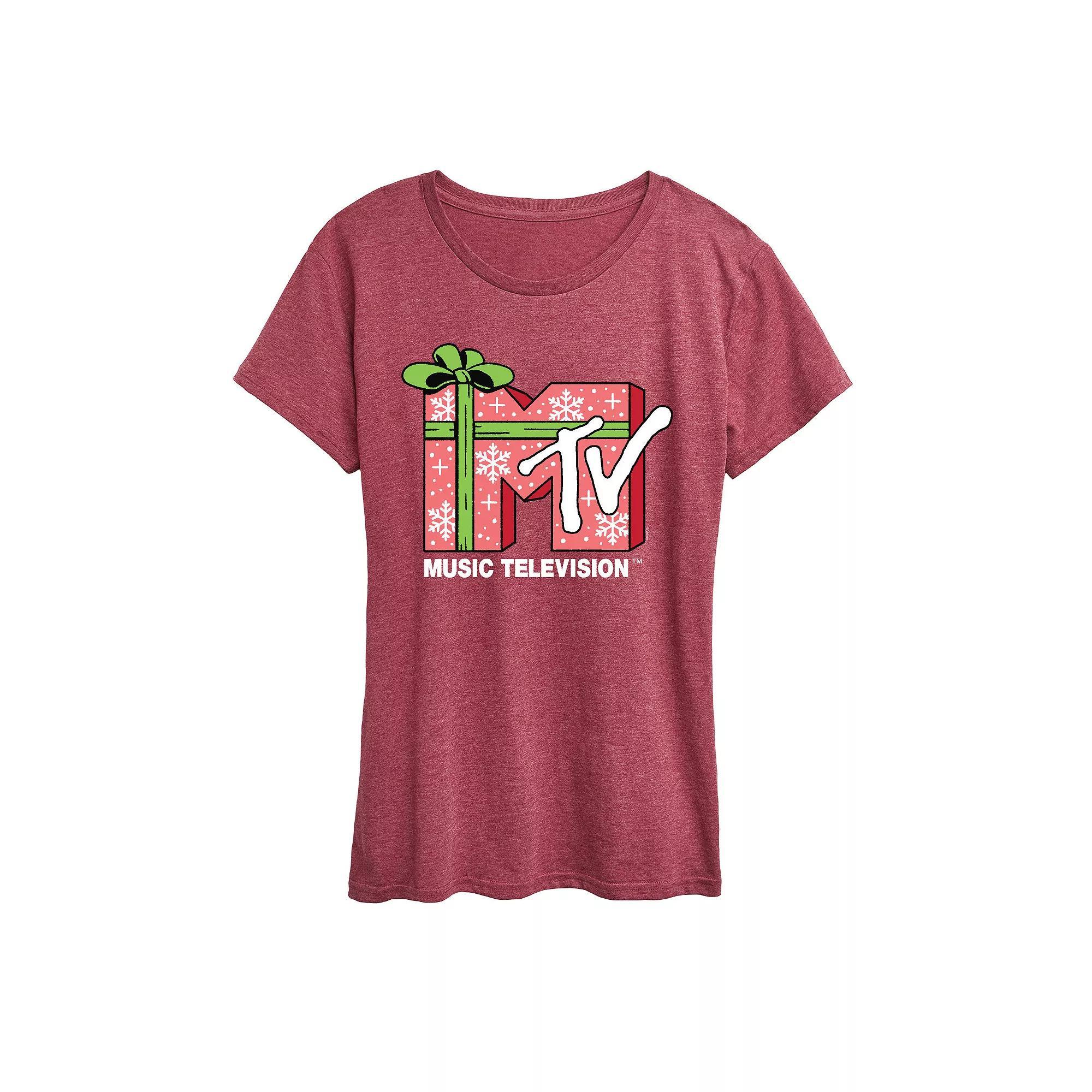 Womens MTV Christmas Present Graphic Tee Grey Dark Red Product Image