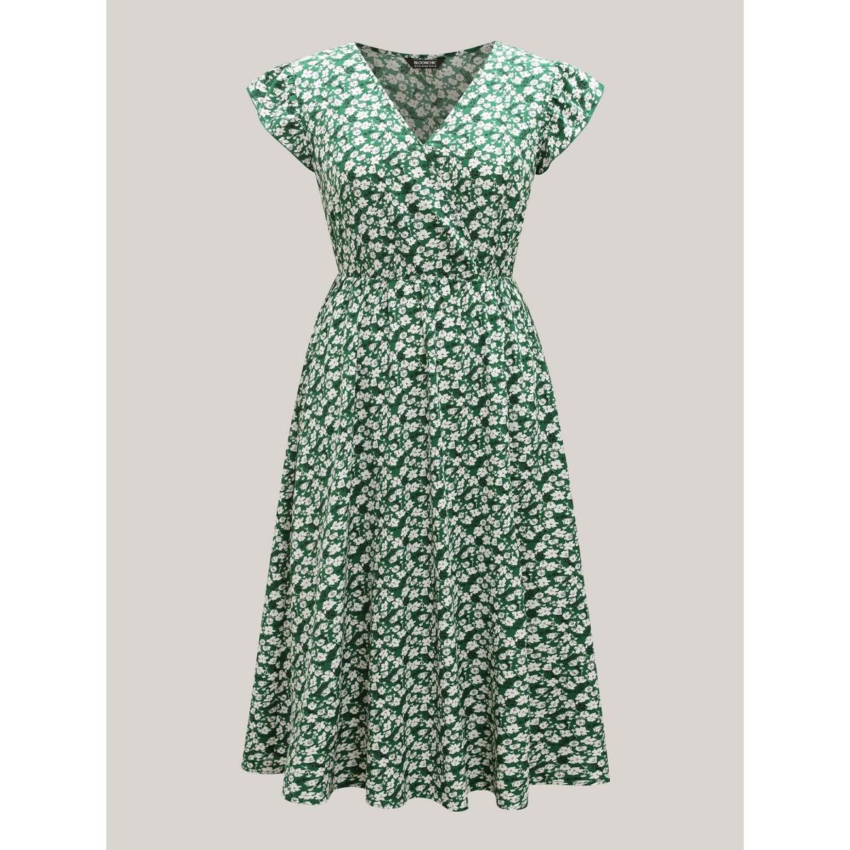 Plus Size Breezy Floral Print Flutter Sleeve Midi Dress Truegreen Women Elegant Ruffles Overlap Collar Cap Sleeve Curvy BloomChic 18-20/2X Product Image