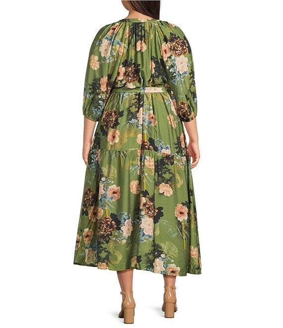 Calessa Plus Size V-Neck Wrist Elasticated Long Sleeved Tiered Floral Printed A-Line Midi Dress Product Image