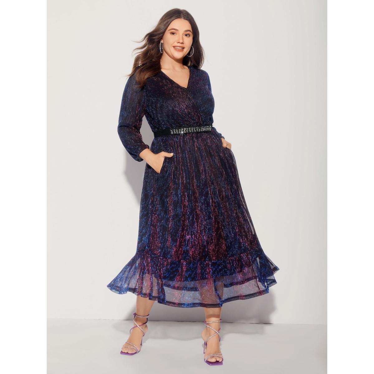 Plus Size Luxe Mesh Pleated Elastic Waist Wrap Dress Blackcurrant Women Party Texture Overlap Collar Elbow-length sleeve Curvy Midi Dress BloomChic 30/6X Product Image