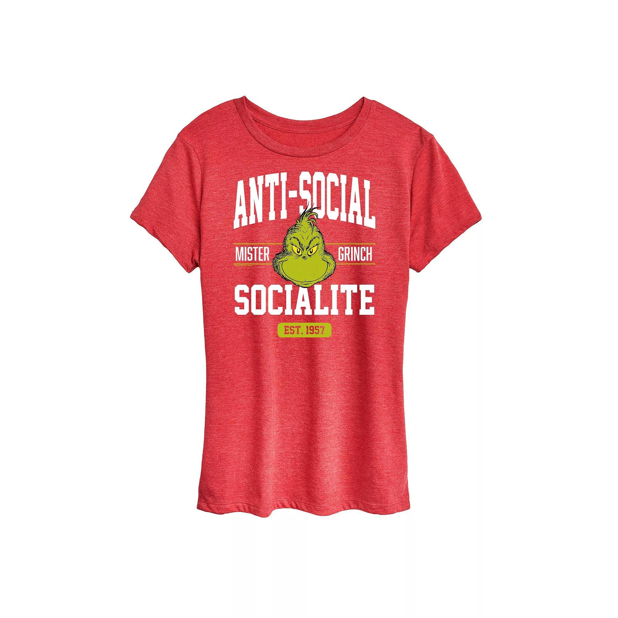 Women's Dr. Seuss The Grinch Anti Social Socialite Graphic Tee, Girl's, Size: XL, Grey Blue Product Image