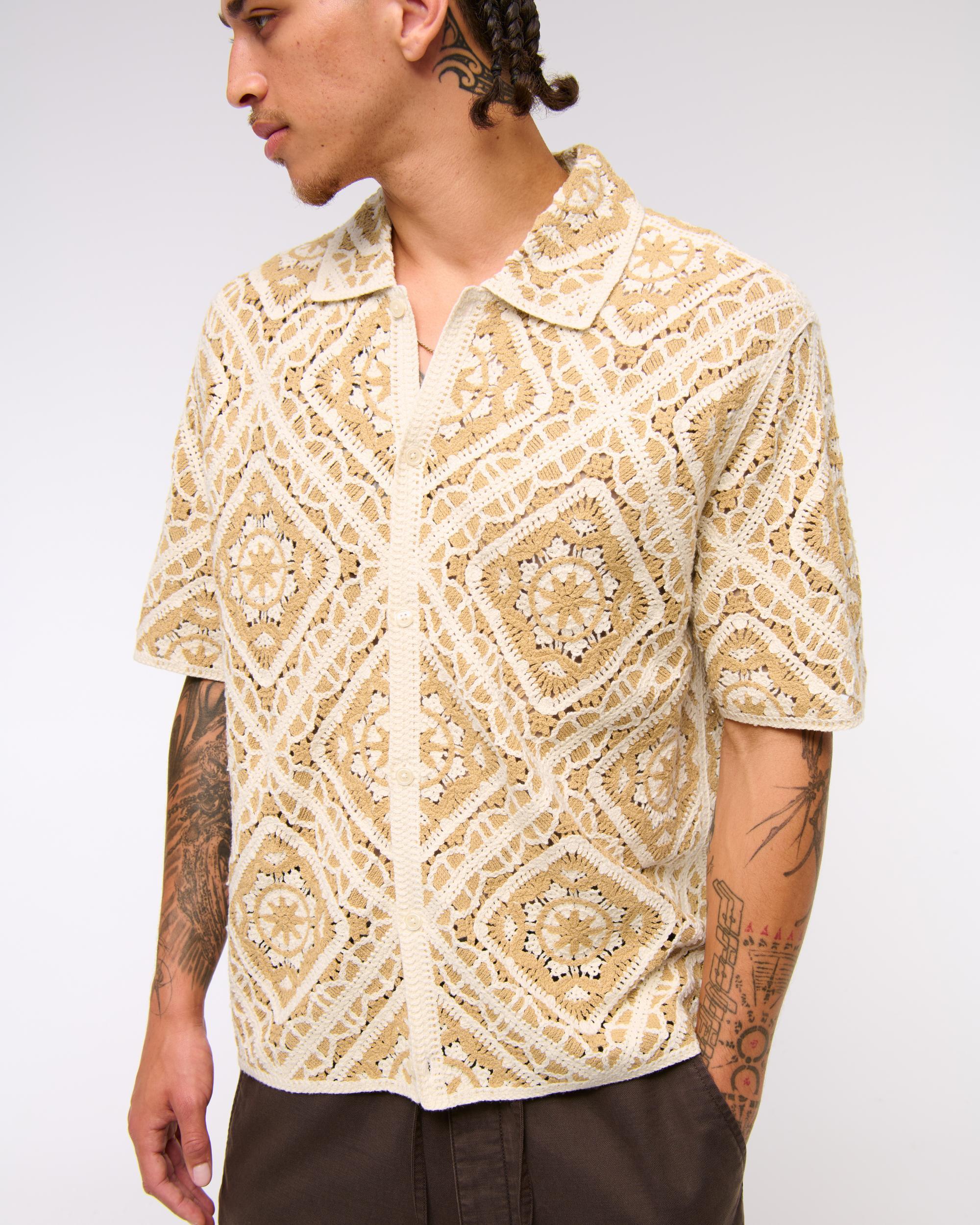 Crochet-Style Border Stripe Button-Through Sweater Polo Product Image