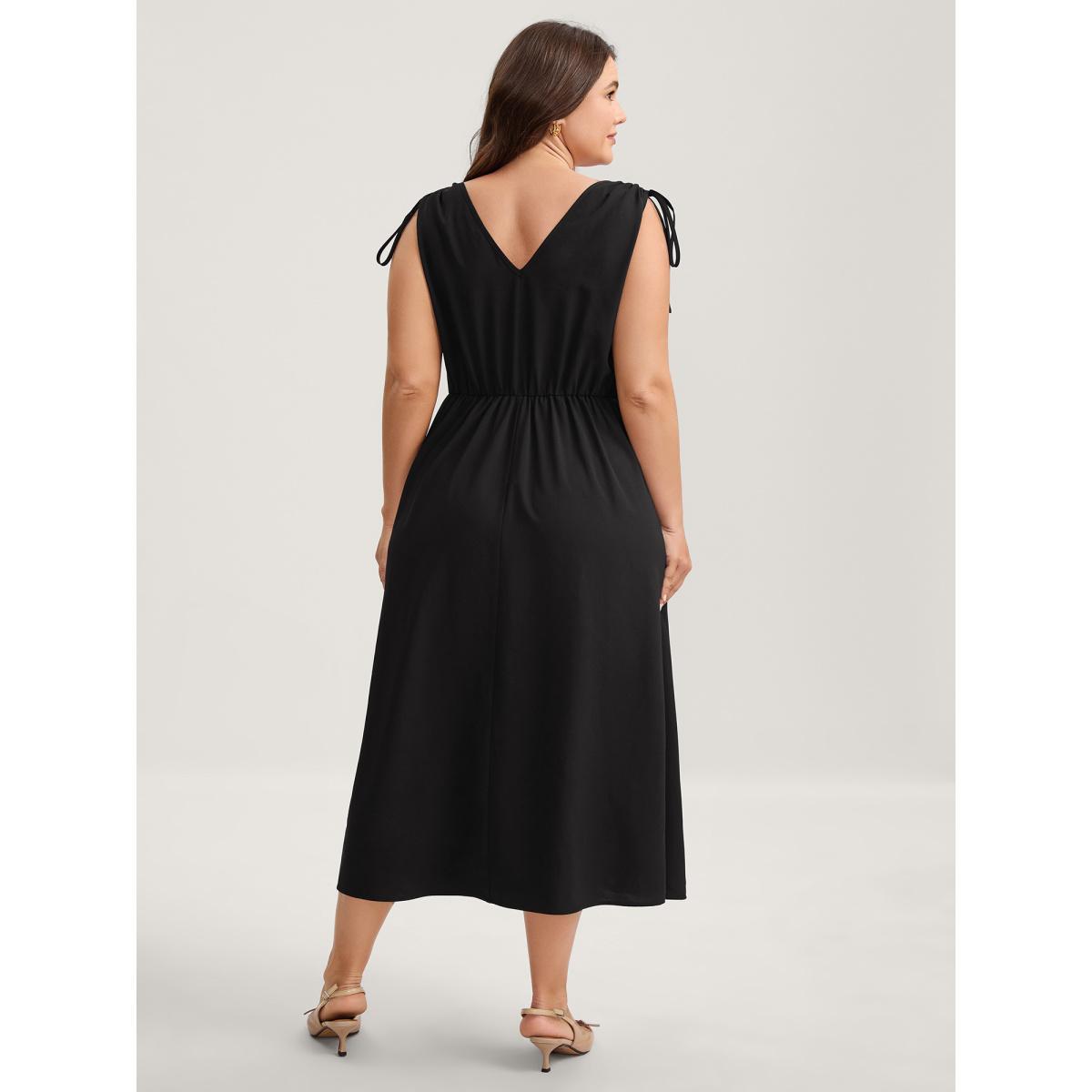 Plus Size Shoulder Drawstring Slit Solid Midi Dress Black Women V-neck Sleeveless Curvy BloomChic 18-20/2X Product Image