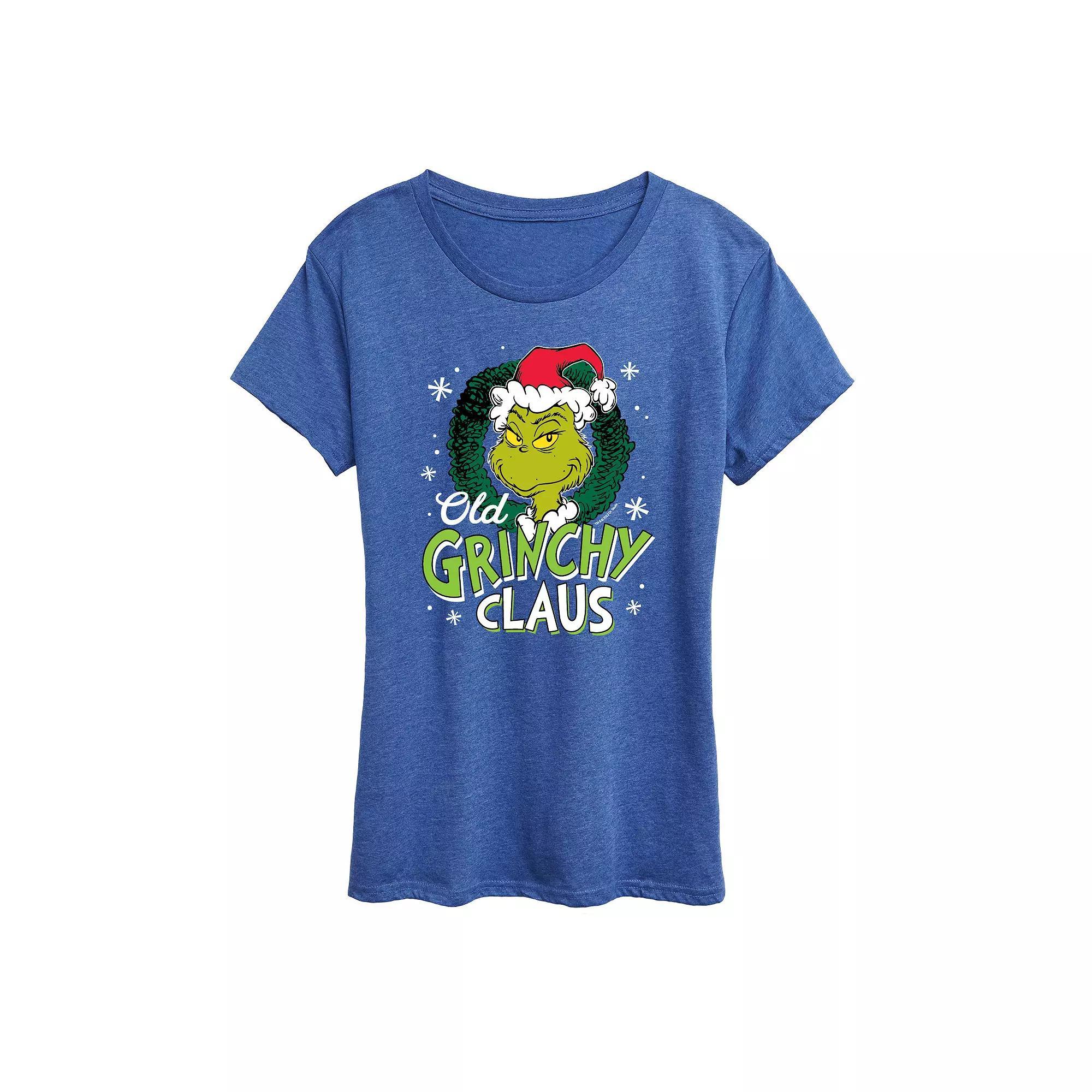 Womens Dr. Seuss Old Grinchy Claus Graphic Tee Grey Royal Blue Product Image