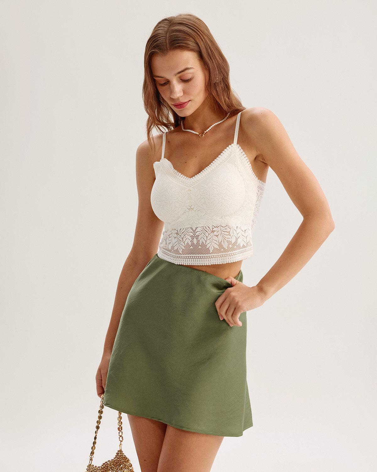 Green Satin Elastic Waist A-Line Mini Skirt Product Image