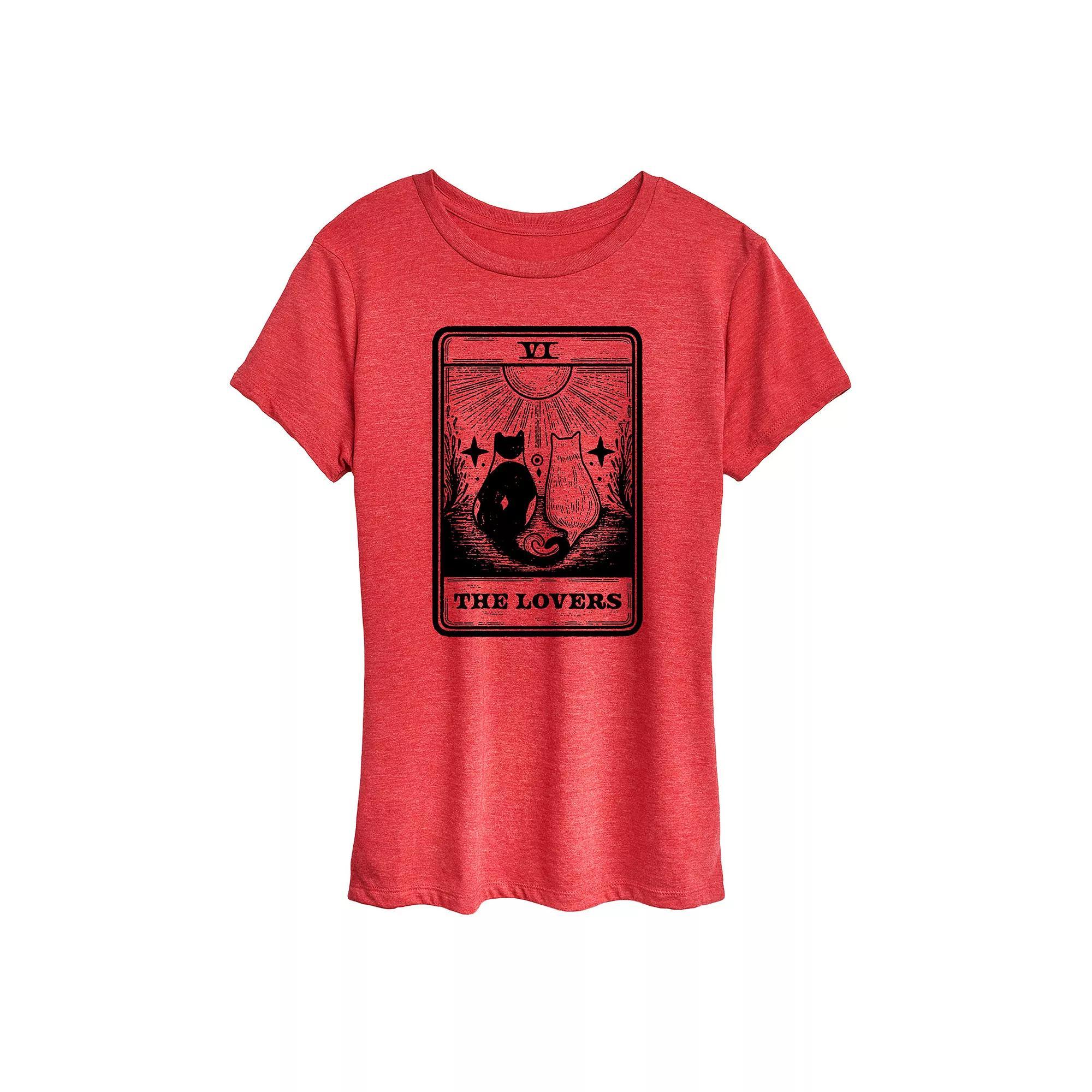 Womens The Lovers Tarot with Cats Graphic Tee Grey Red Product Image