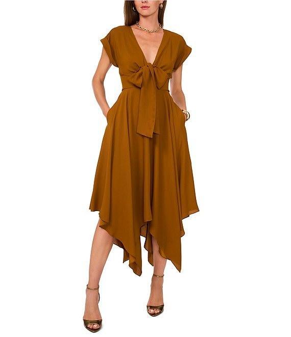 1. STATE Short Sleeve Asymmetrical Hem Tie Front Midi Dress Product Image