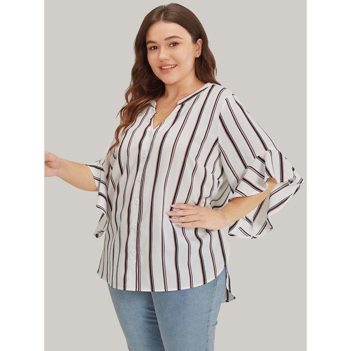 Plus Size White Striped Contrast Notched Bell Sleeve Split Side Blouse Women Office Elbow-length sleeve Notched collar Dailywear Blouses BloomChic 18-20/2X Product Image