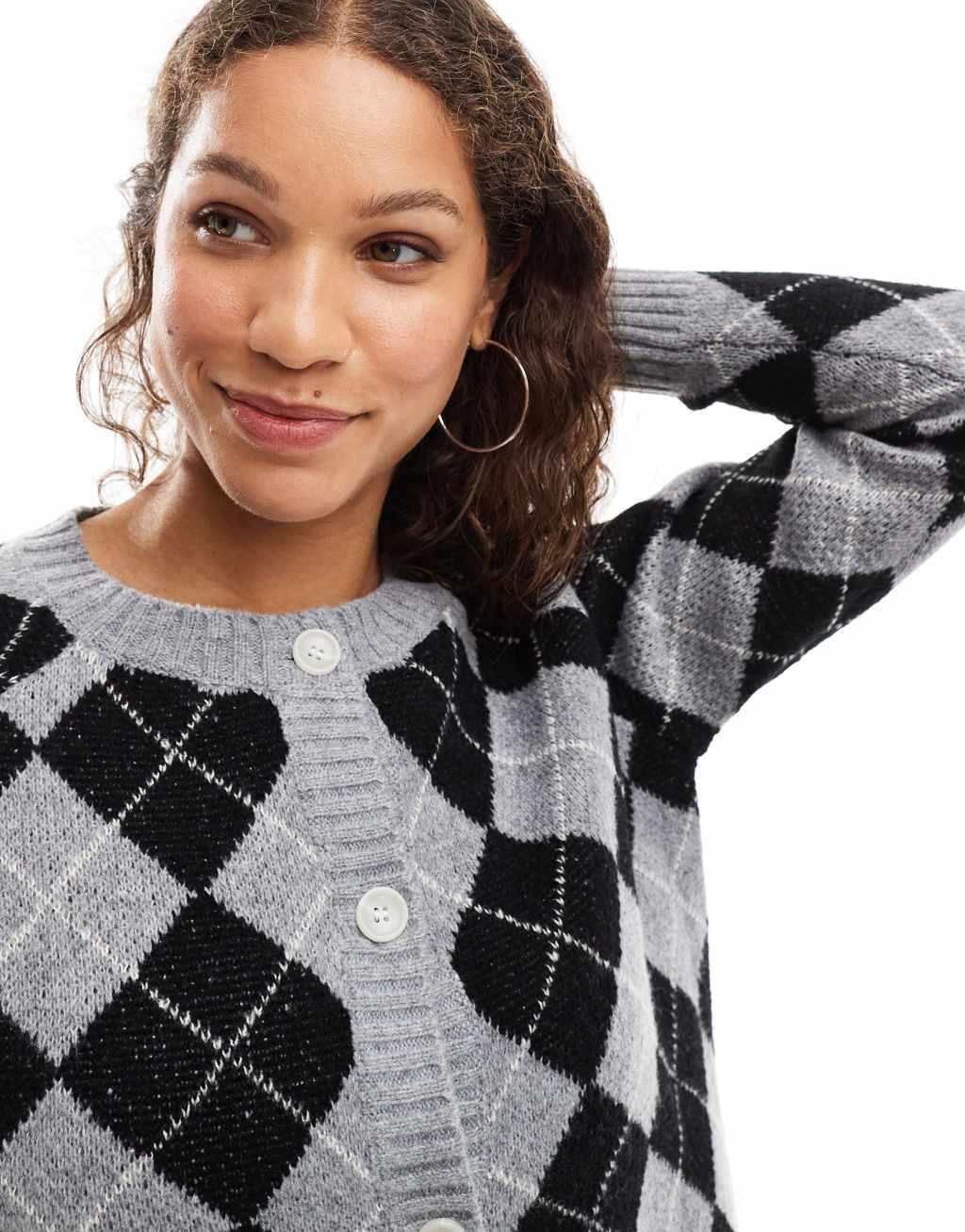 Daisy Street black and gray oversized argyle knitted pattern cardigan  Product Image