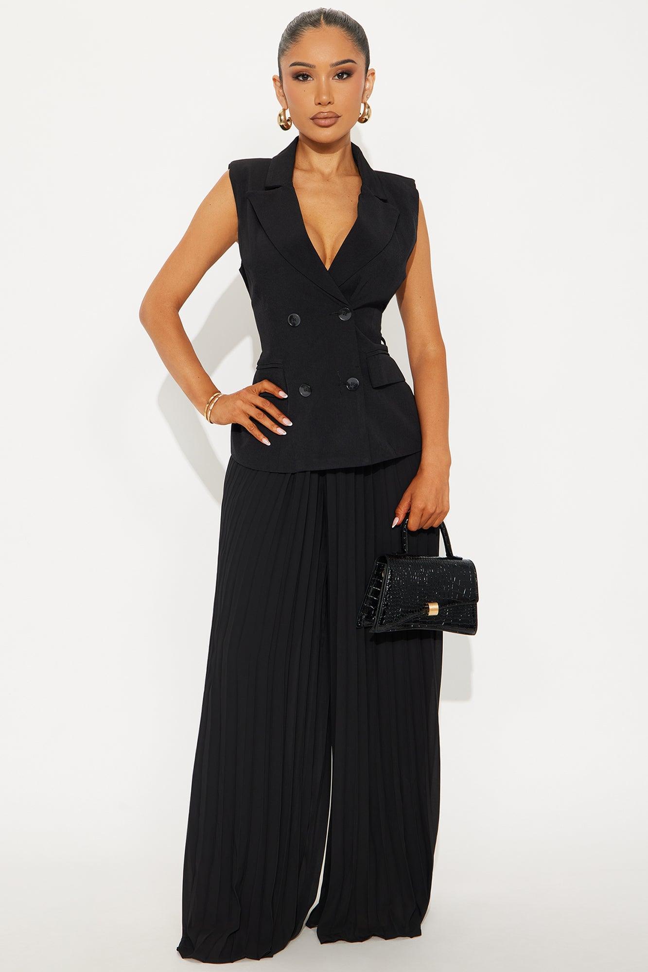 Veronica Belted Vest Pleated Pant Set - Black Product Image