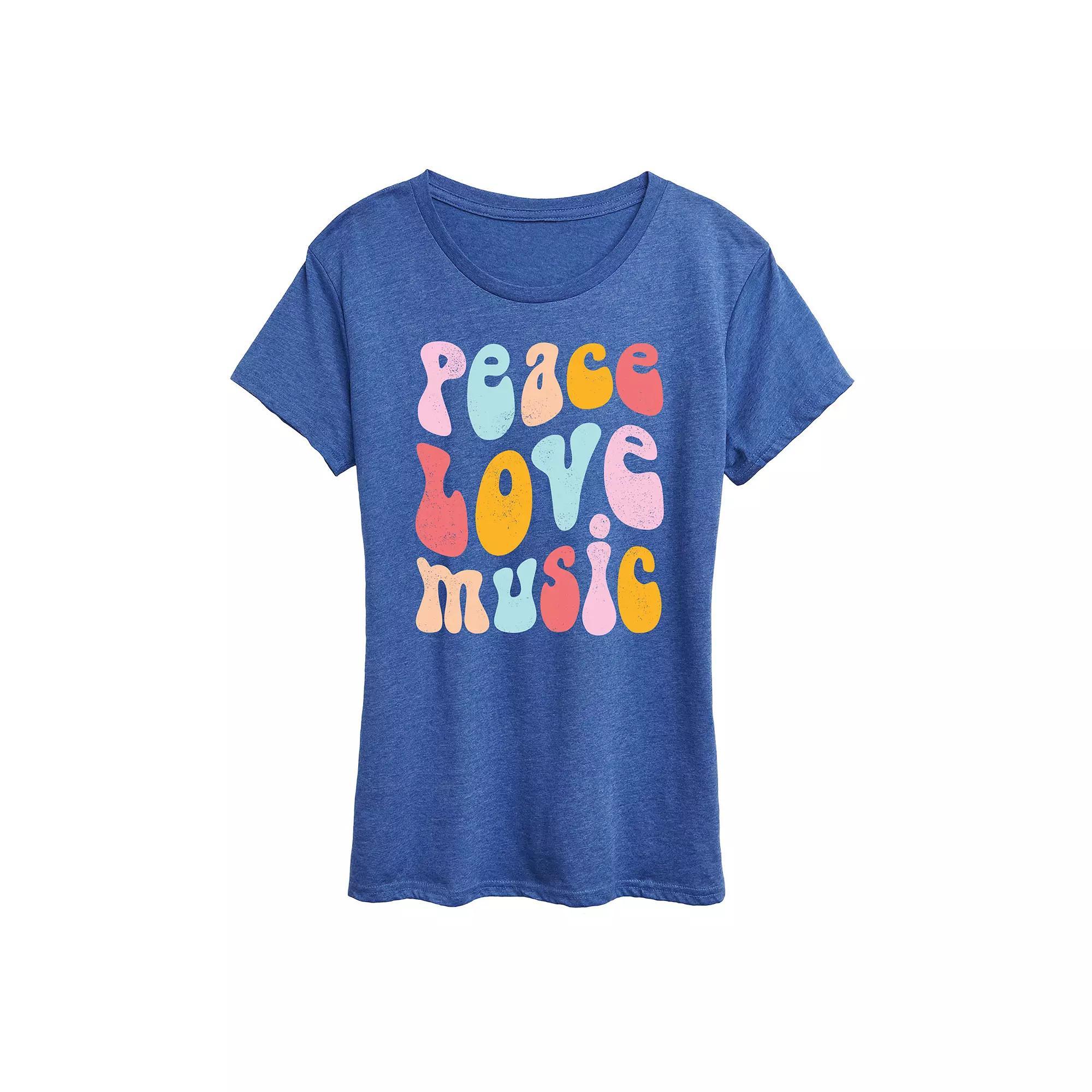 Womens Peace Love Music Distressed Graphic Tee Blue Product Image