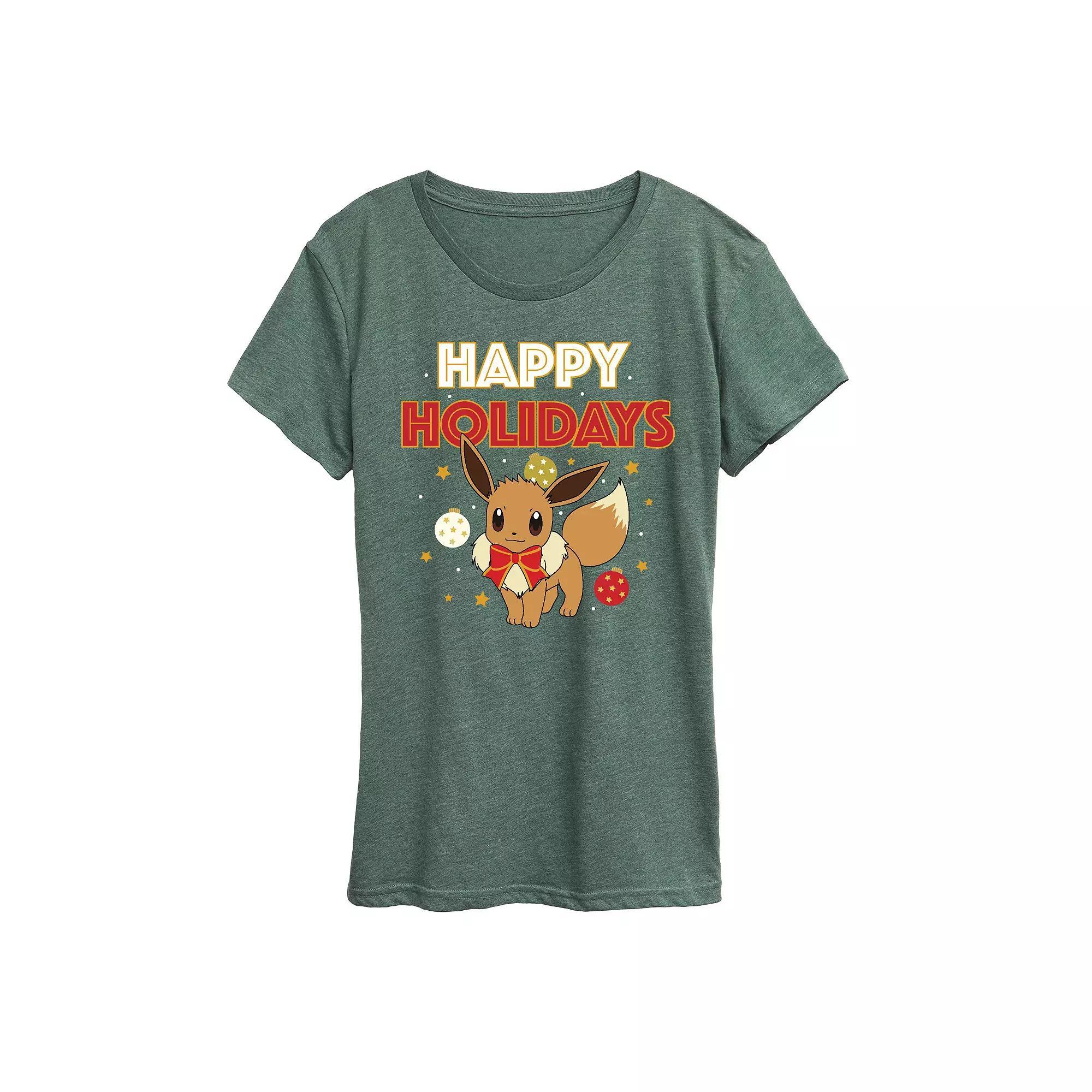 Women's Pokemon Happy Holidays Evee Tee, Girl's, Size: Small, Grey Green Product Image
