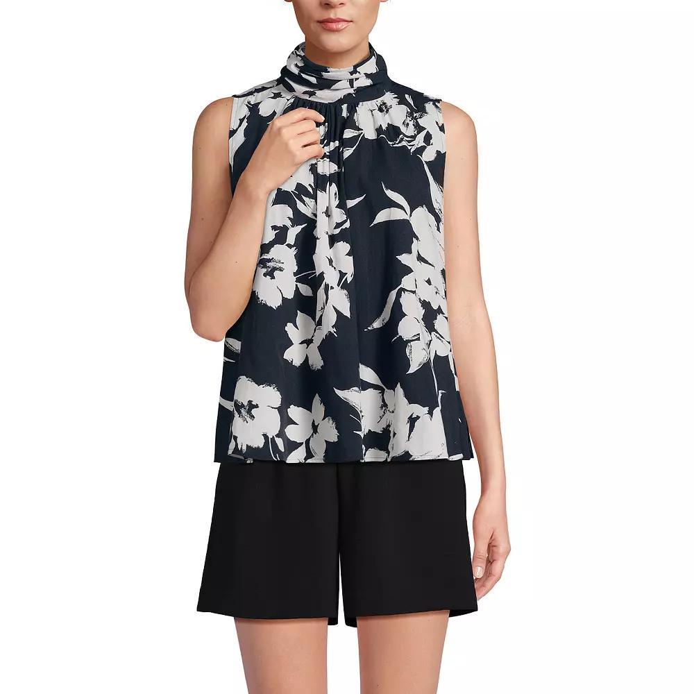 Women's Lands' End Mock Neck Blouse, Size: Large, Black Painted Flower Product Image