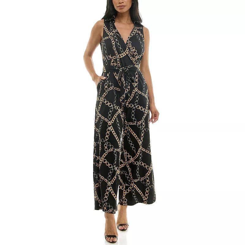 Womens Nina Leonard Print Collared Sleeveless Surplice Wide-Leg Jumpsuit Product Image