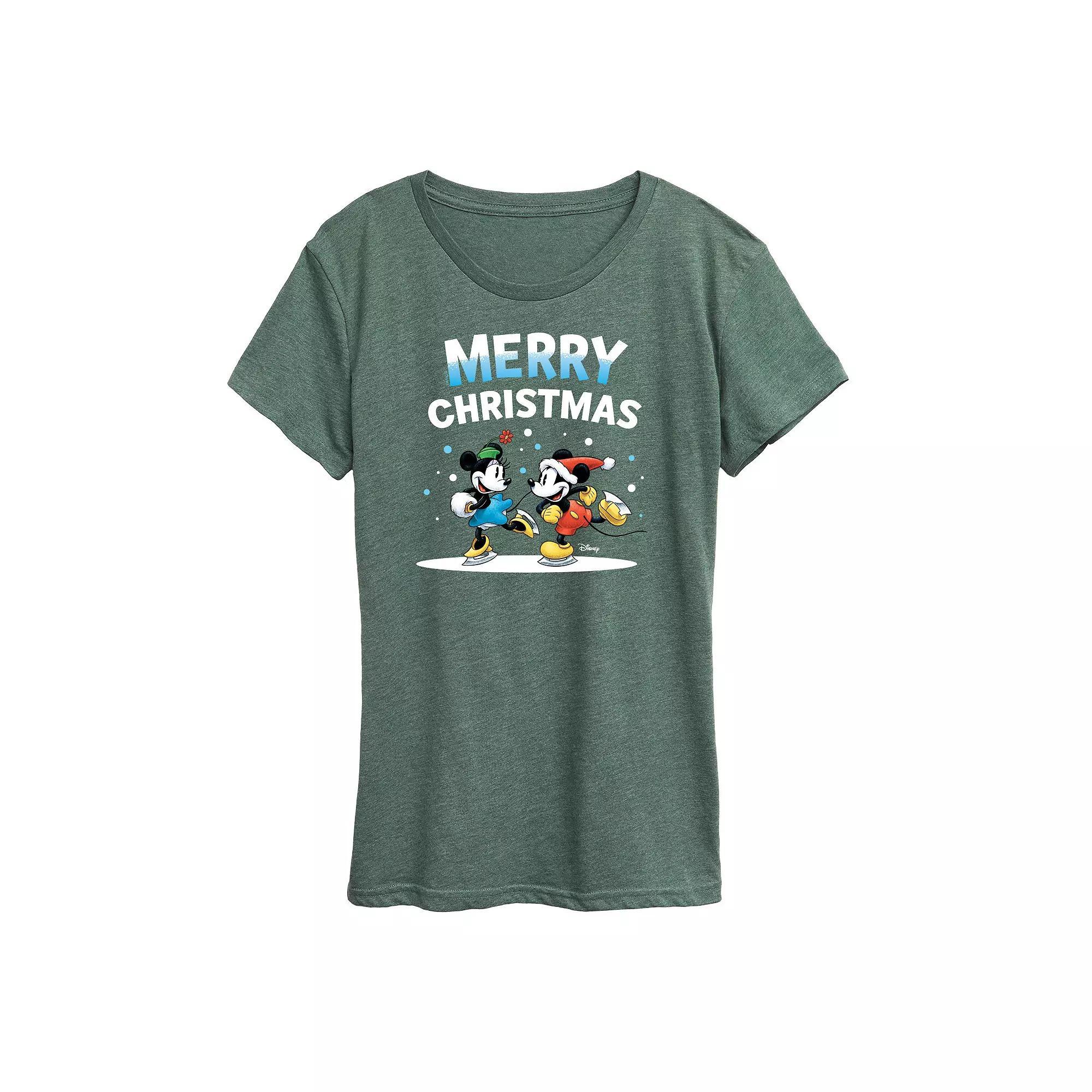Disneys Mickey Mouse And Minnie Mouse Womens Christmas Ice Skating Graphic Tee., Girls Product Image