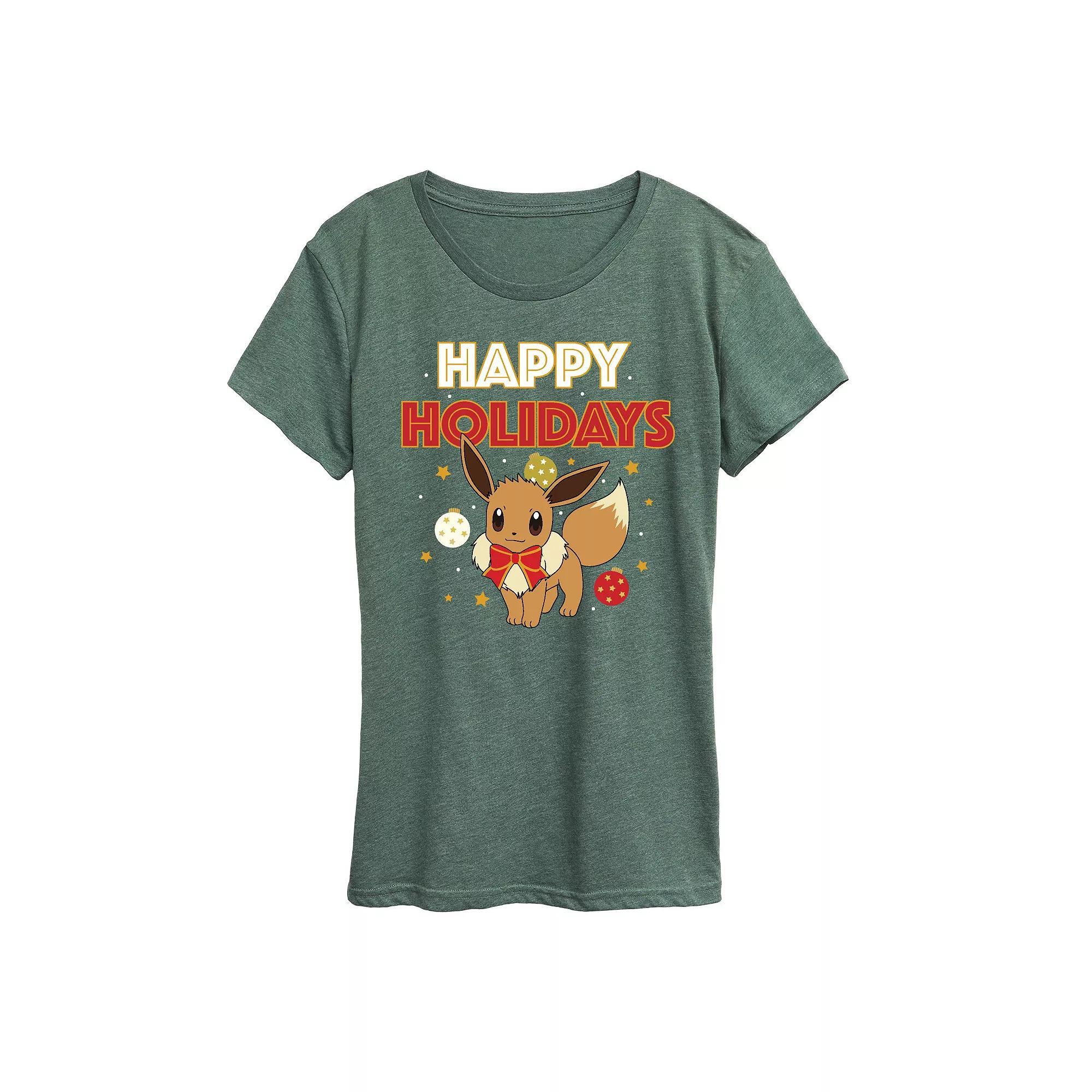 Women's Pokemon Happy Holidays Evee Tee, Girl's, Size: Small, Grey Green Product Image