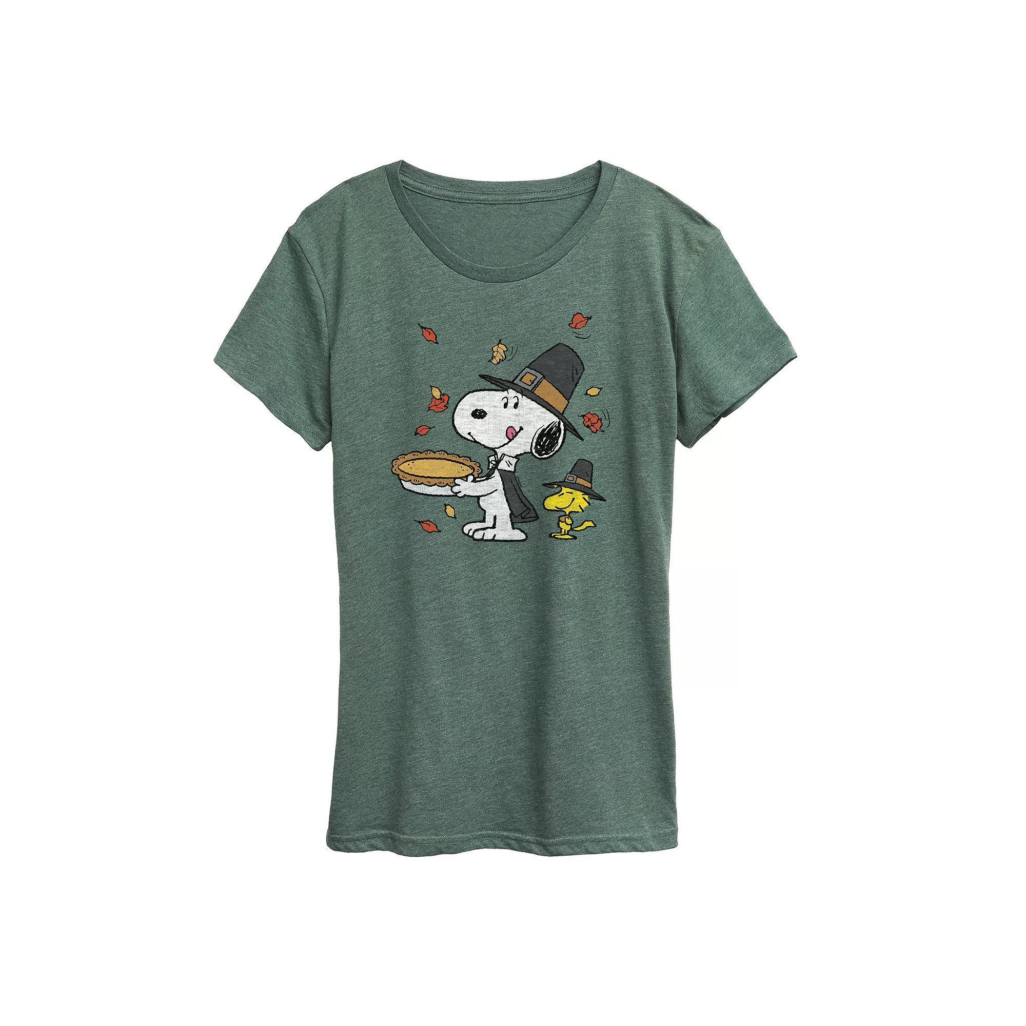 Plus Peanuts Snoopy and Woodstock Thanksgiving Scene Graphic Tee, Women's, Size: 2XL, Grey Green Product Image