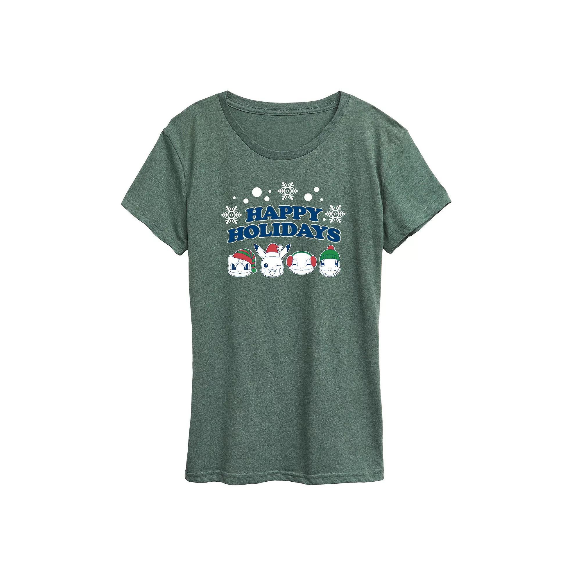 Womens Pokemon Happy Holidays Tee Grey Green Product Image