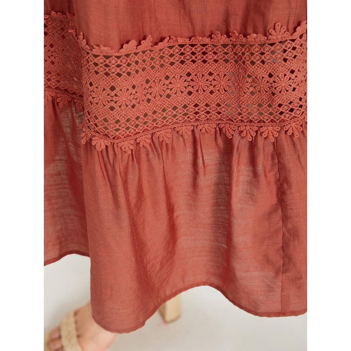 Plus Size Solid Crochet Lace Gathered Wrap Shirred Cami Dress Russet Women Vacation Patchwork V-neck Sleeveless Curvy Long Dress BloomChic 28/5X Product Image